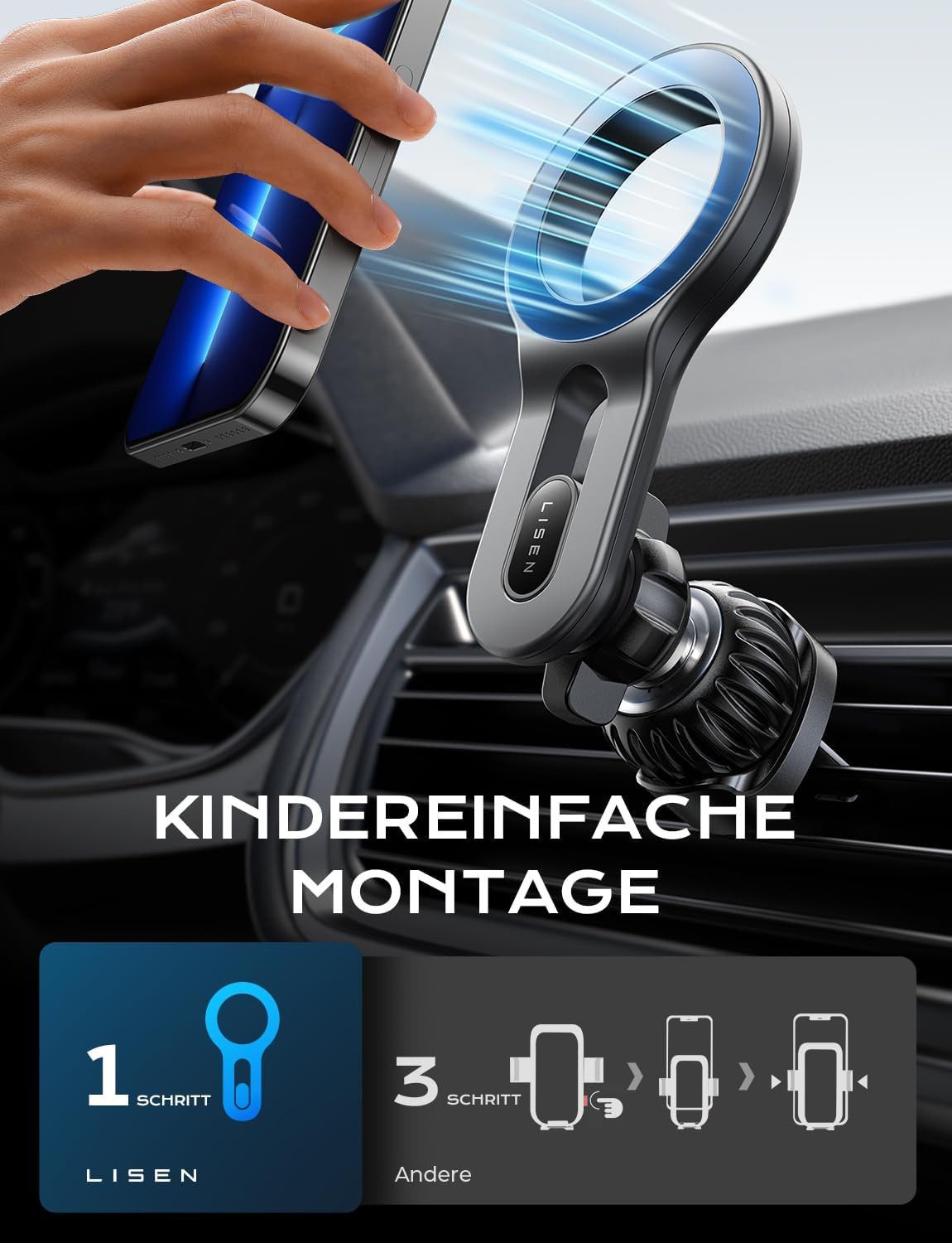 LISEN Smartphone-Halterung MagSafe Autohalterung Lüftung Magnet Handyhalterung Auto KFZ iPhone, (20 N52-Magnete, 30N Kraft, Luftauslass frei, MagSafe, 360° dreh – Bild 5 von 5