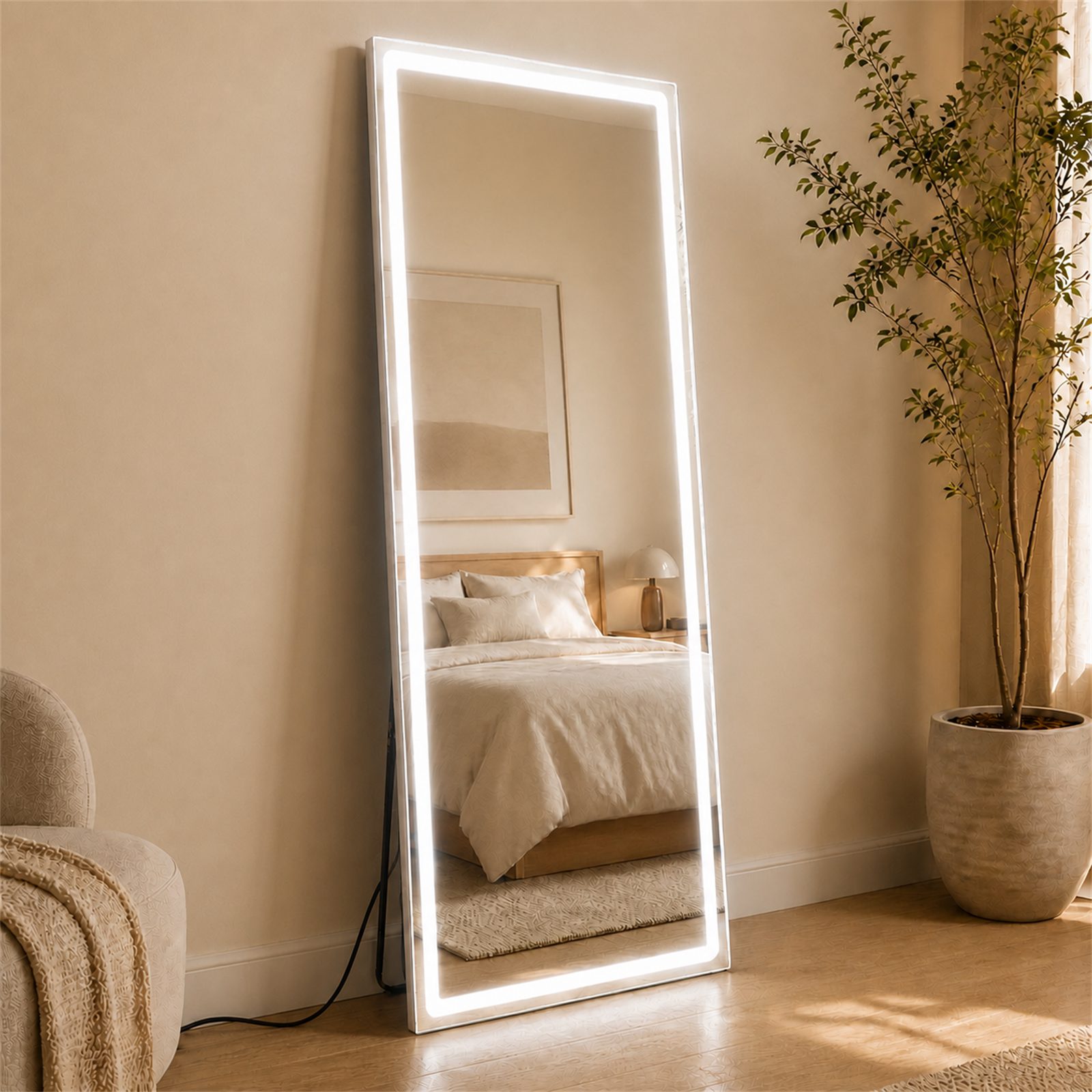Nettlife Ganzkörperspiegel mit Beleuchtung 150/160cm Standspiegel Wandspiegel LED-Beleuchtung (1-St), Standspiegel aus Hartglas für Schlafzimmer und Ankleide, mit Ladekabel
