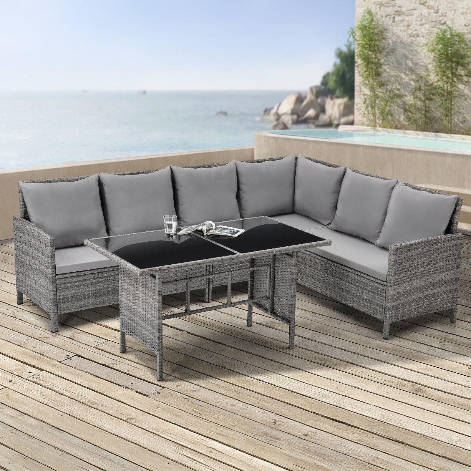 Svita Madison Rattan-Lounge Ecksofa Rattan-Lounge Gartenmöbel-Set Schwarz günstig online kaufen
