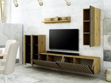 MIRJAN24 Wohnwand Trend IV, (6er-Set, 3x Hängeschrank, 2x TV-Lowboard, Wandregal), Front mit Lamellen, Griffloses Öffnungssystem