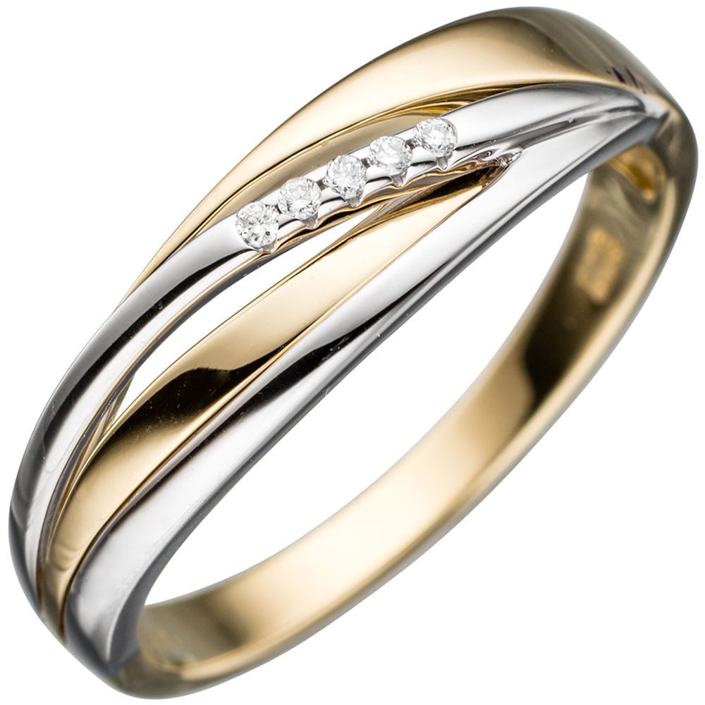 Schmuck Krone Diamantring Damenring mit 5 Brillanten, 585 Gold gelb/weiß, Gold 585
