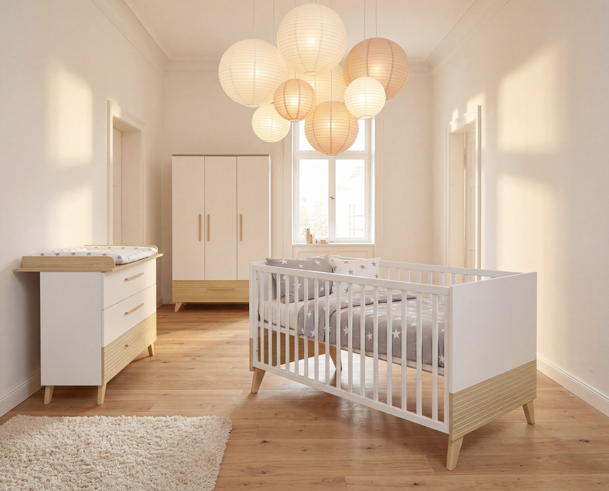 roba® Babybett Theo 70 x 140 cm - modernes Gitterbett - Fräsungen - Holz, umbaubar, 3 Schlupfsprossen, 3-fach höhenverstellbar - Weiß / Ulme