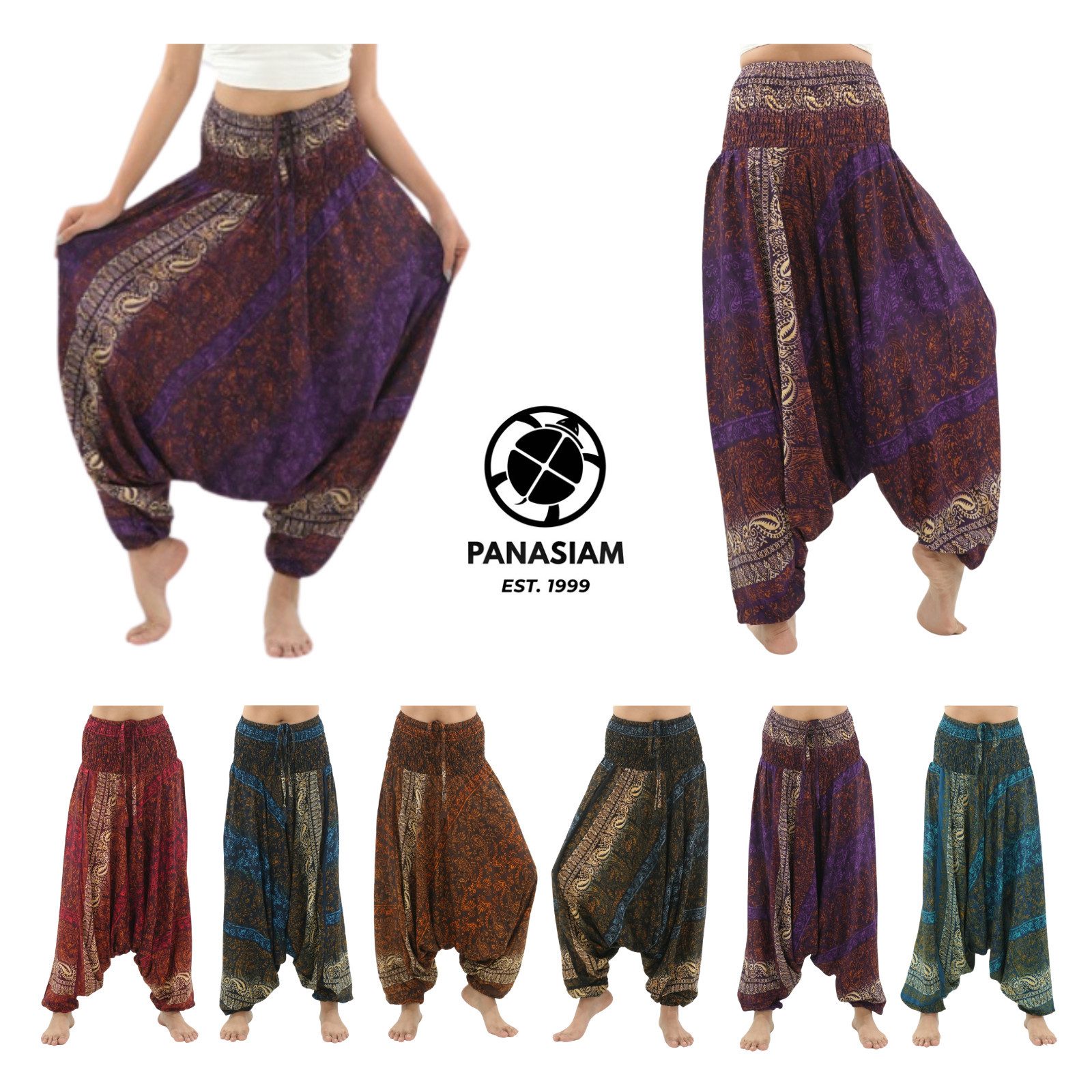 PANASIAM Pumphose Sommerliche Aladinhose aus 100% Viskose farbenfrohe Baggy Hose bequeme Goa Haremshose Relaxhose Unisex Pluderhose Pumphose weite Freizeithose