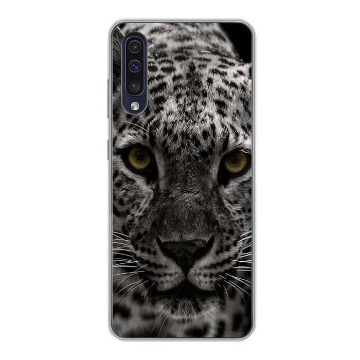 MuchoWow Handyhülle Schwarz-Weiß-Foto eines farbigen Leoparden Handyhülle Samsung Galaxy A30s Smartphone-Bumper Print Handy