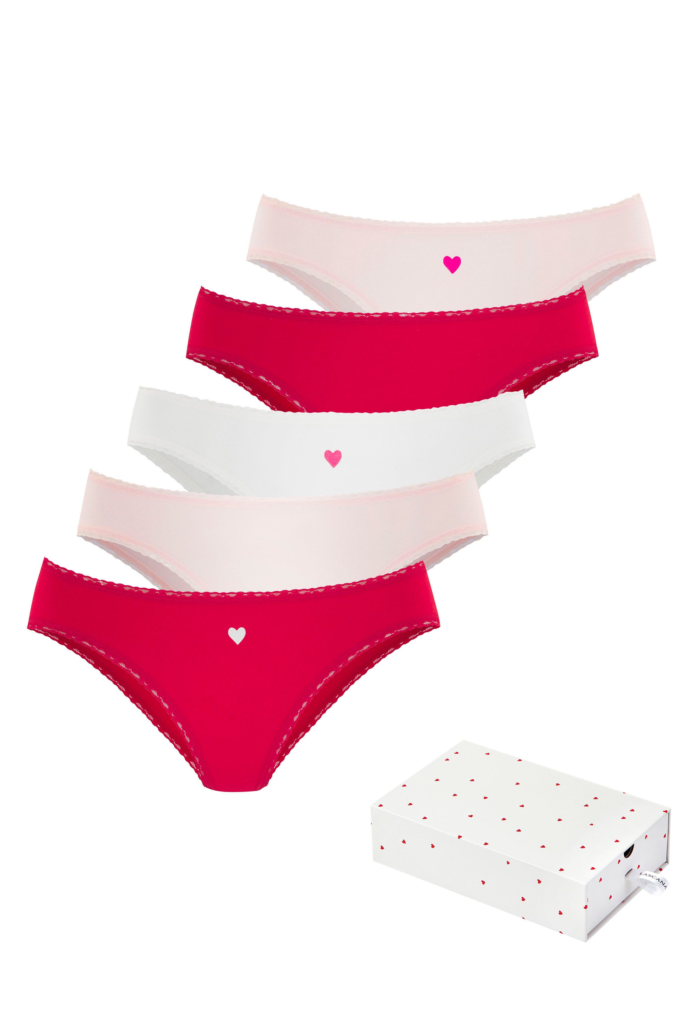 LASCANA Jazz-Pants Slips Geschenk Box (5er-Pack) mit süßen Herzchen-Prints und aus elastischer Baumwoll-Qualität