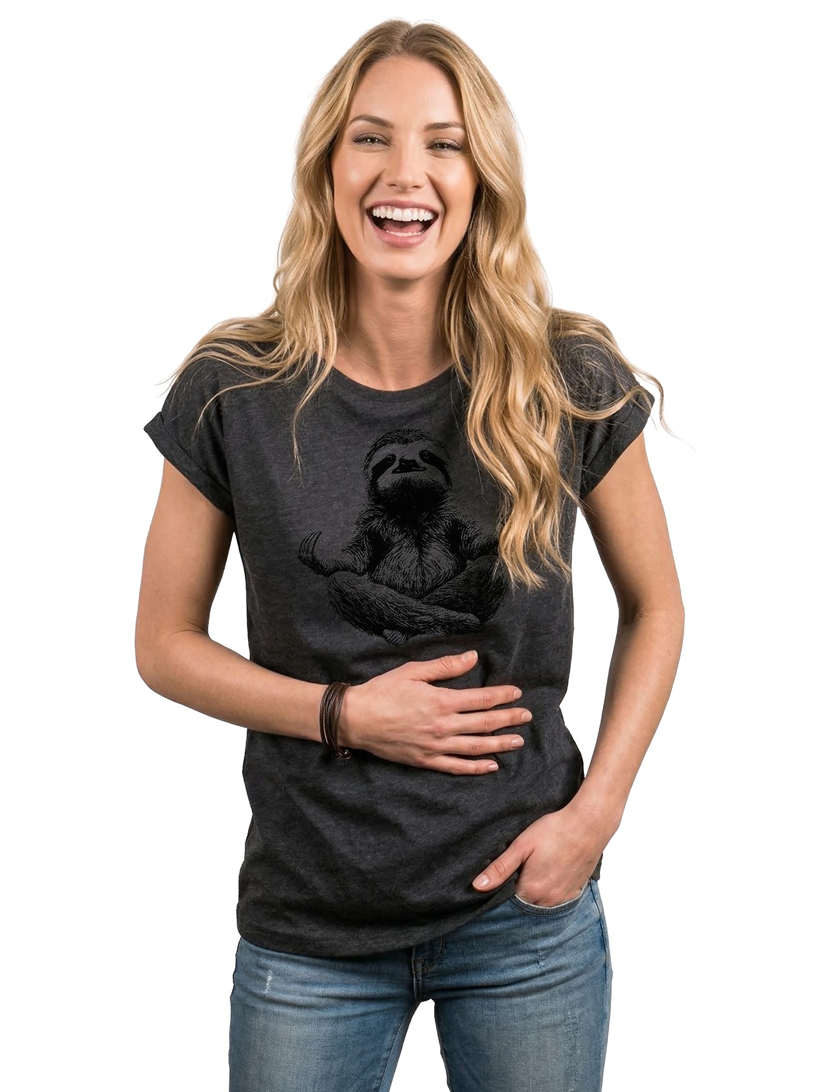 MAKAYA T-Shirt Kurzarm Damen T-Shirt mit lustigem Faultier-Yoga-Aufdruck (Weiß, Rosa, Hellgrau, Grün, Dunkelgrau, 34, 36, 38, 40, 42, 44, 46, 48, 50) Baumwolle