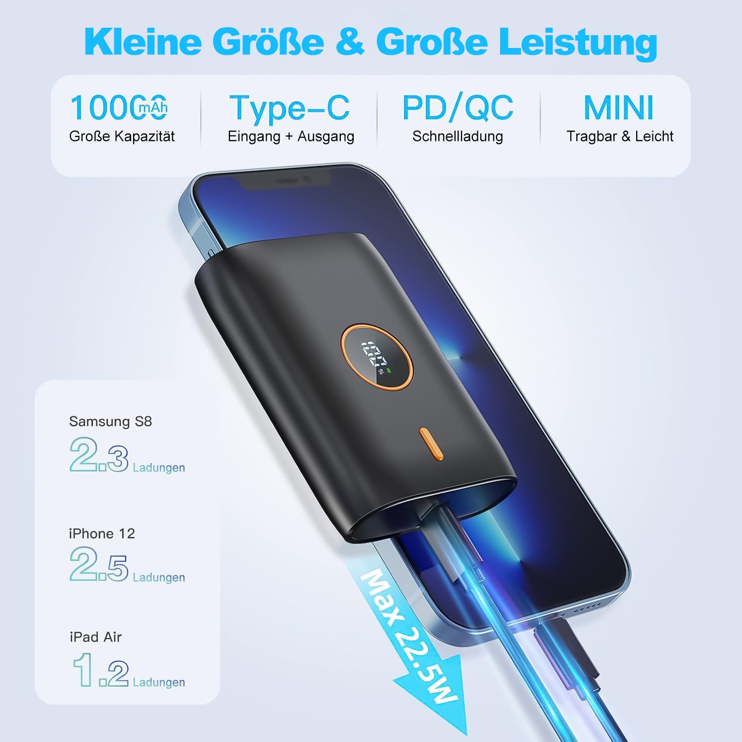 Pdgrid 10000 mAh Carga Rapida 22,5 W 3 Ausgänge mit LED-Display Powerbank 10000 mAh, Mini Bateria Externa; gleichzeitiges Laden; flugzeug powerbank