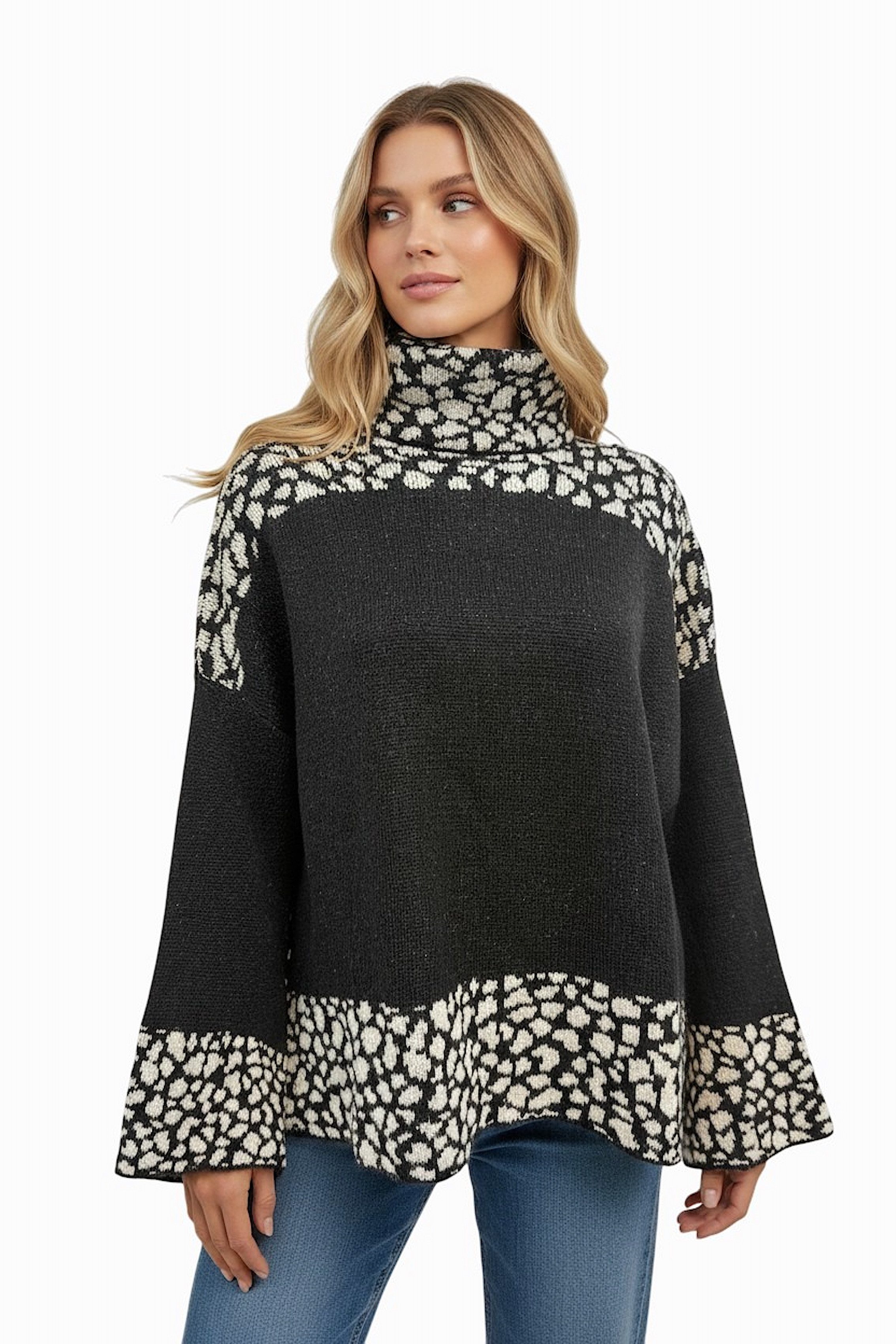Worldclassca Longpullover WORLDCLASSCA Damen Oversize Strickpulllover Lang Uni + Leopard Muster Neue Kollektion - Stilvolle und gemütliche Strickmode für Damen