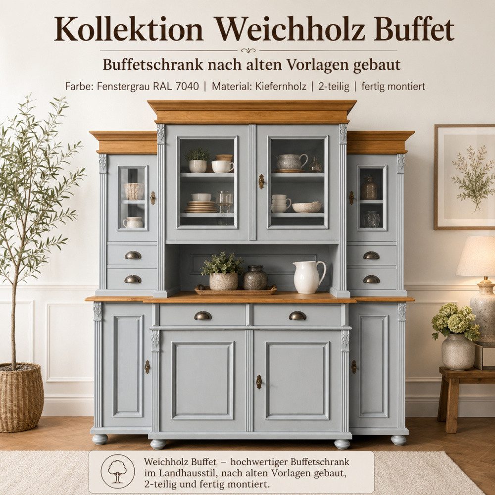 Wohnpalast Buffet Buffet Schrank im Landhausstil grau/antikbraun - Massivholz Küchenschr