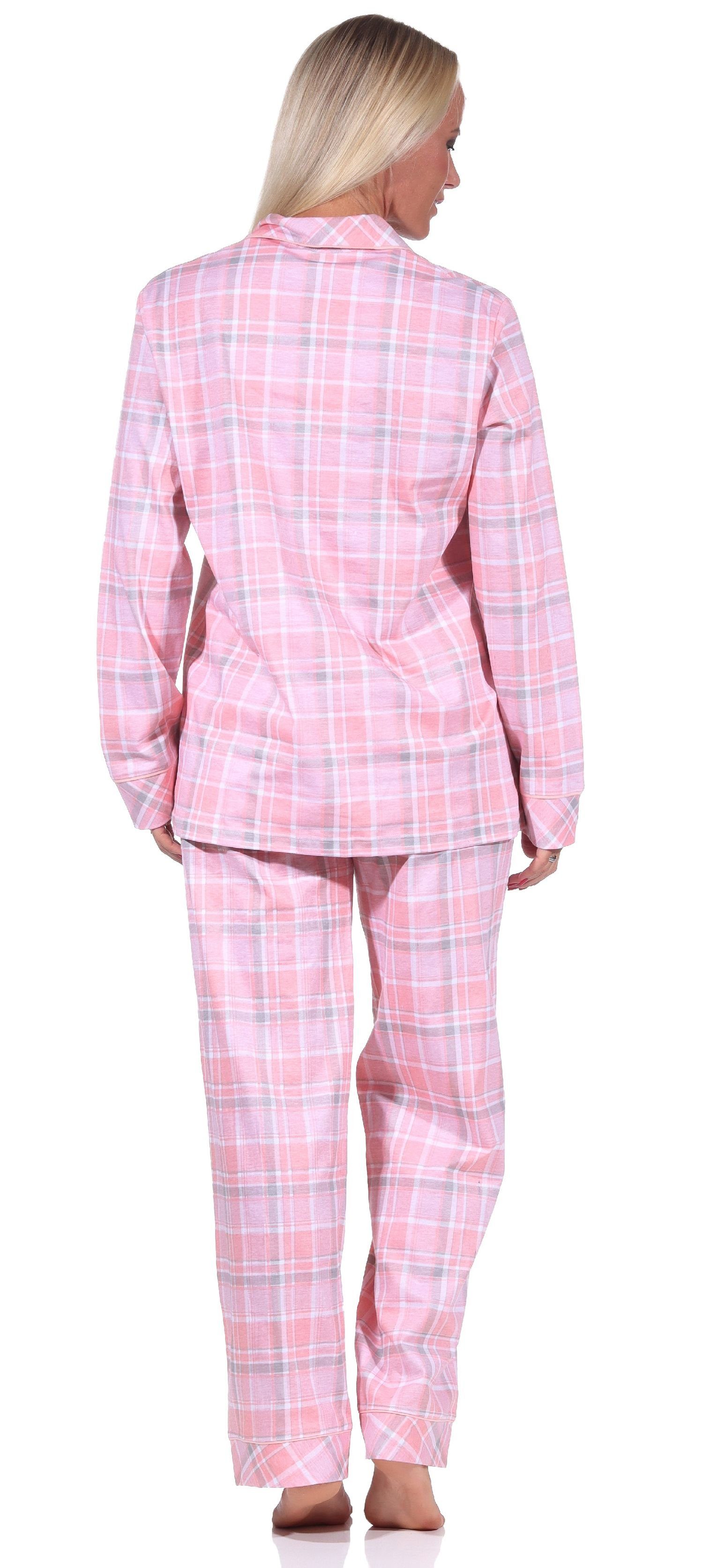 Normann Pyjama Damen Qualität Single Karopotik in Jersey langarm Schlafanzug rosa in