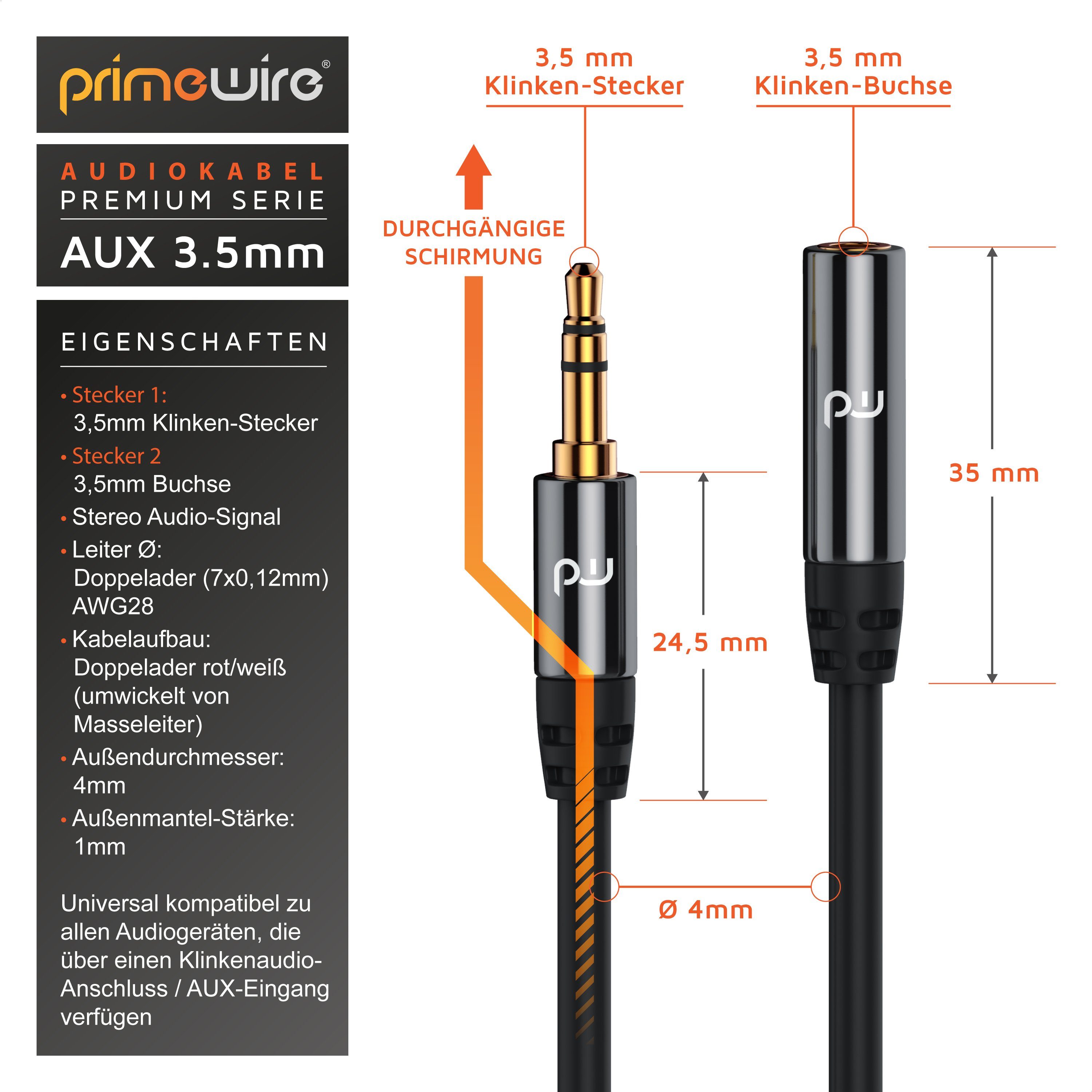 Primewire Audio-Kabel, AUX, 3,5-mm-Klinke (300 cm), HiFi Audio Klinkenkabel / Verlängerungskabel - 3m