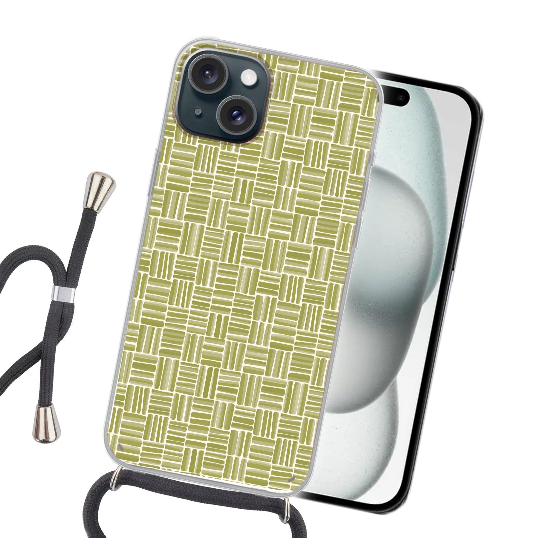 MuchoWow Handyhülle für Apple iPhone 15 Plus Zopf - Muster - Grün, Tragbare Handyhüllen mit Kette zum umhängen, Handykette Handyband