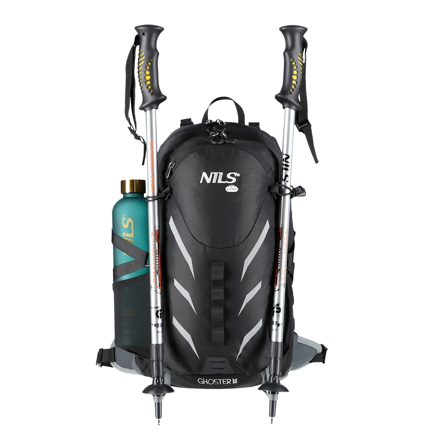 NILS CAMP Wanderrucksack Hiking Rucksack "GHOSTER" 20L Outdoor Trekkingrucksack Schwarz, mit Air Flow System, Rain Cover und Sicherheitspfeife