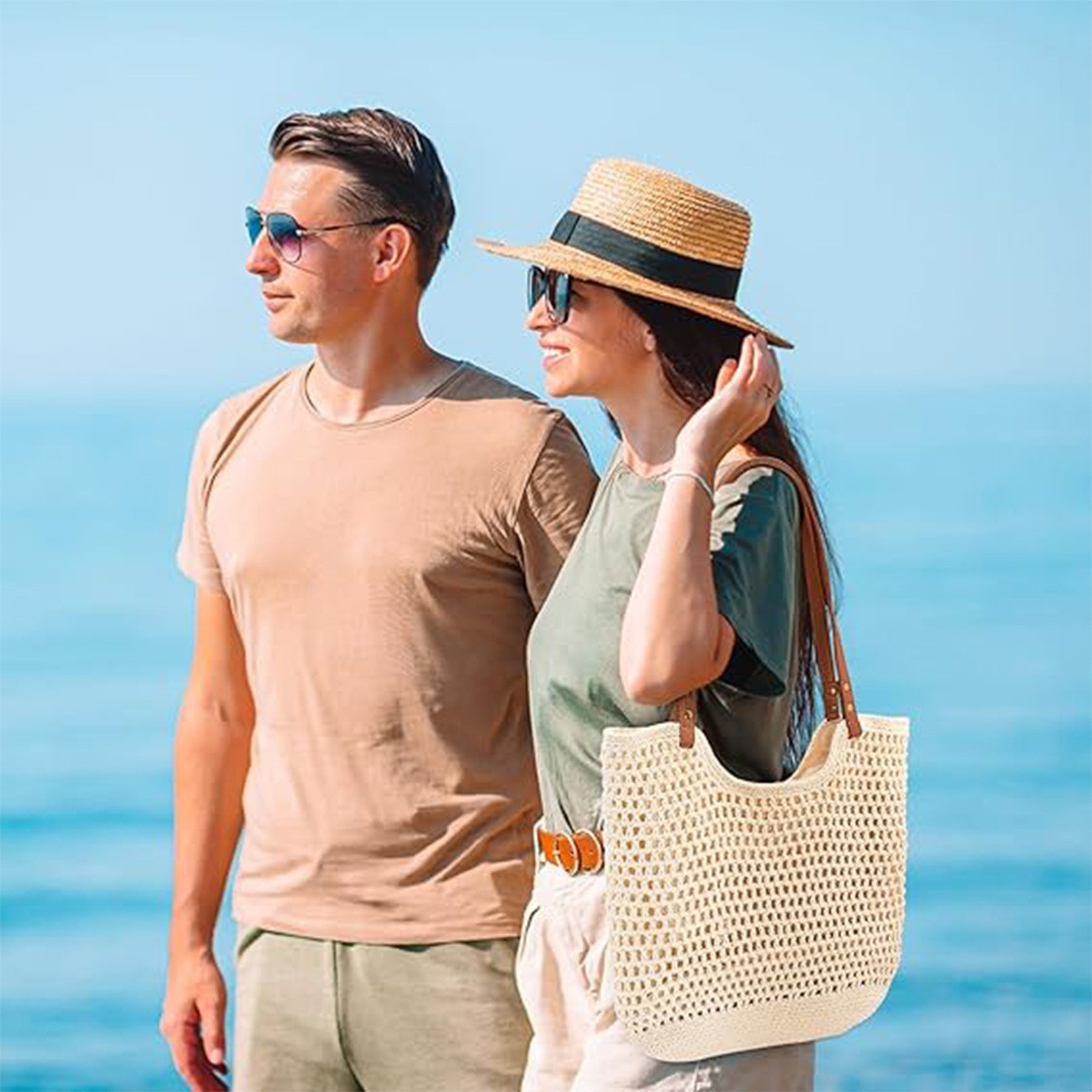 Mutig Strandtasche Sommer Strandtasche Damen Boho Häkeltasche Strand Mesh Tragetasche (Strohtasche Beach Handtasche Leicht Umhängetasche Vintage Sommertasche, Einkaufstasche Lässige, Reisetaschen Tasche, faltbar Hobo Taschen), für Reisen Einkaufen, Urlaub, Pendeln Strand Pool Fitnessstudio