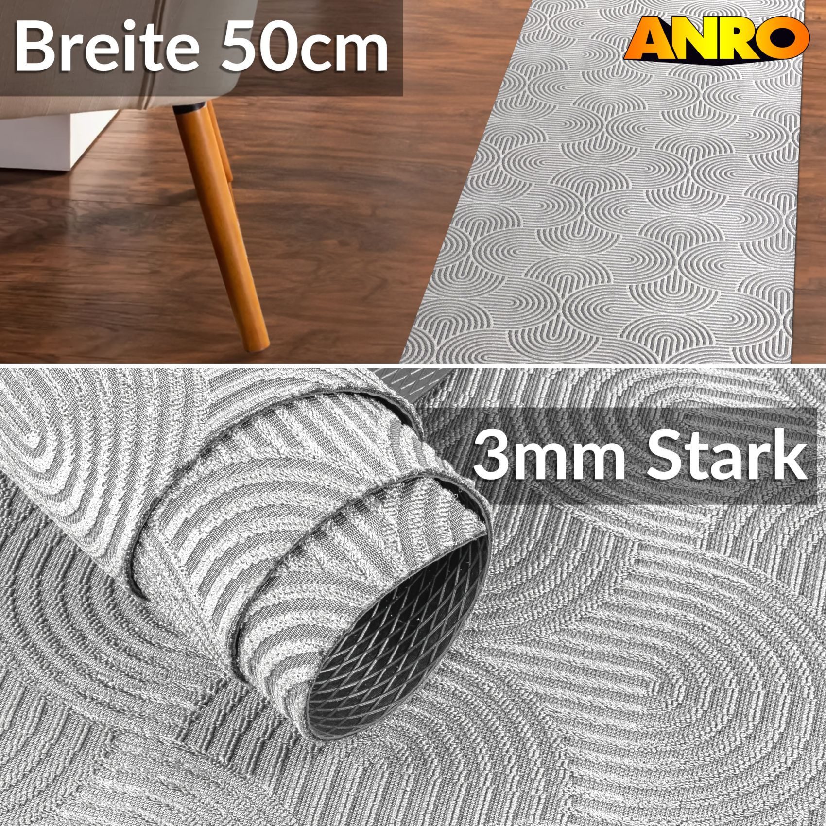 ANRO Läufer Velora Teppichläufer hochwertig Küchenteppich, Rechteckig, Höhe: 3 mm, Küchen- Flurläufer 100cm Bauhaus Grau pflegeleicht
