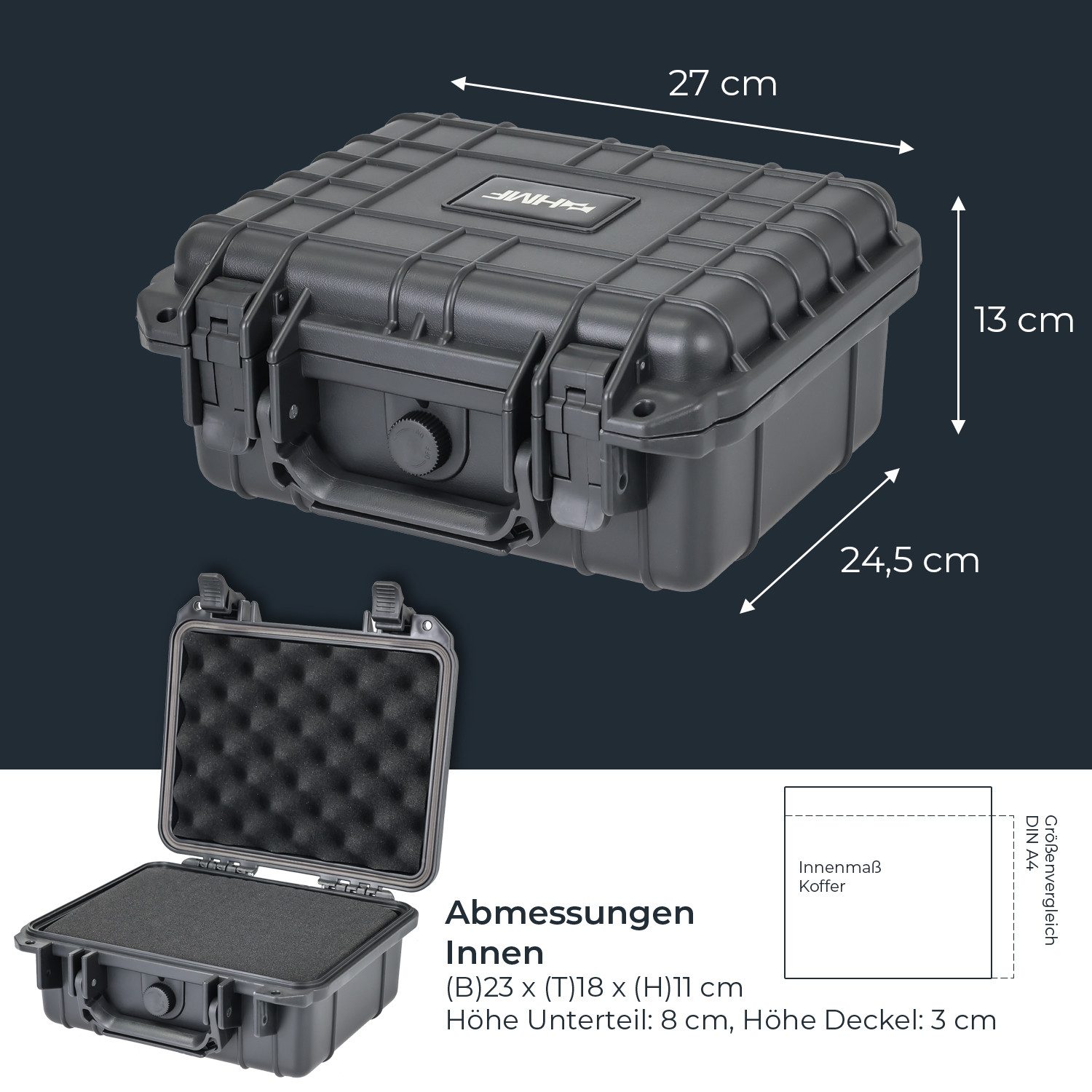 HMF Werkzeugkoffer ODK100 Outdoorkoffer mit Druckausgleichsventil und Rasterschaumstoff, Outdoor-Koffer wasserdicht und staubdicht, 27 x 24,5 x 13 cm, schwarz – Bild 5 von 5