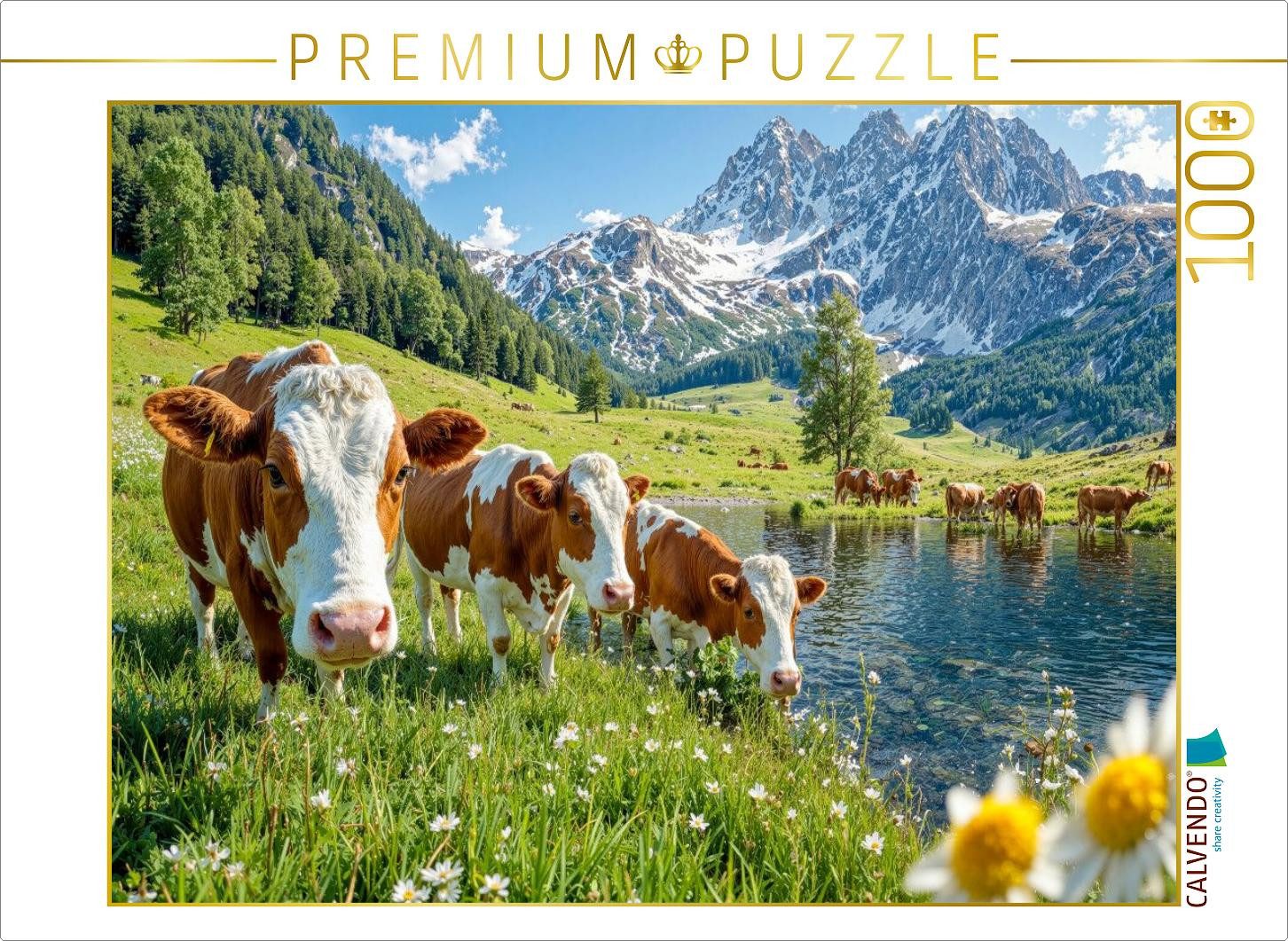 CALVENDO Puzzle CALVENDO Puzzle Drei Kühe grasen friedlich auf der Alm – Idylle zwisch, 1000 Puzzleteile