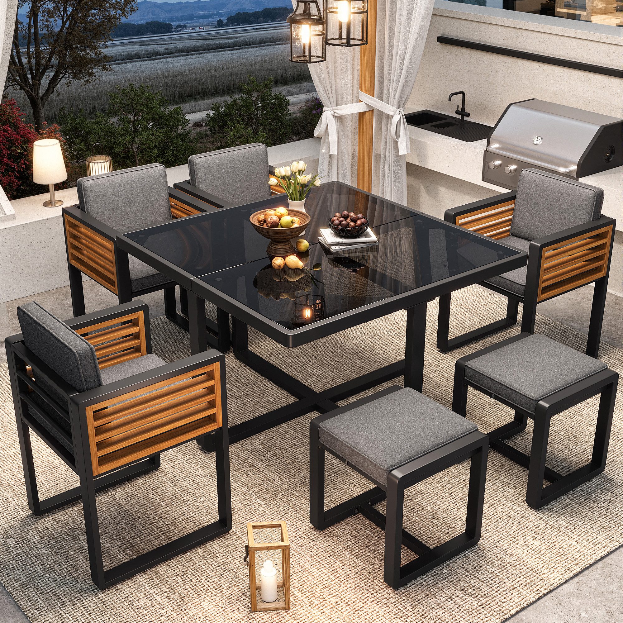 MODFU Gartenlounge-Set Elegante Gartenlounge, (mit Glastisch, 6 wetterfesten Stühlen & Kissen, moderne Gartengarnitur für Garten, Terrasse & Balkon, 1-tlg)
