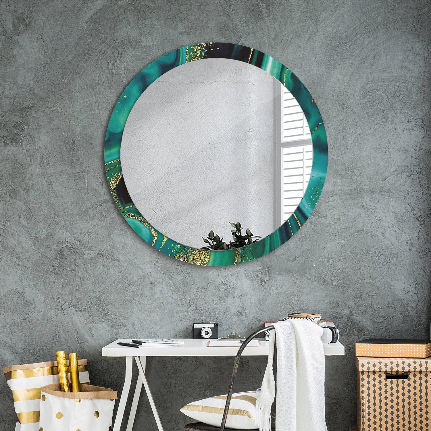 Aufdruck Spiegel Wandspiegel Grün Smaragd Ø90cm mit Dekospiegel Kosmetikspiegel Rund: Tulup Hängespiegel