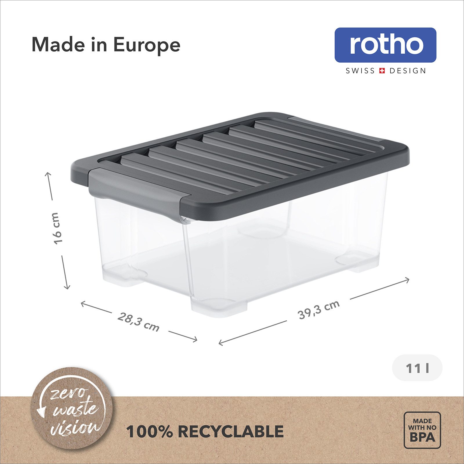 ROTHO Stapelbox 4er-Set CORE PLUS 11 L stapelbare Box mit Deckel (Lagerboxen-Set, 4er-Set), Sortierbox ideal für Büroartikel, Spielzeug und Haushaltszubehör