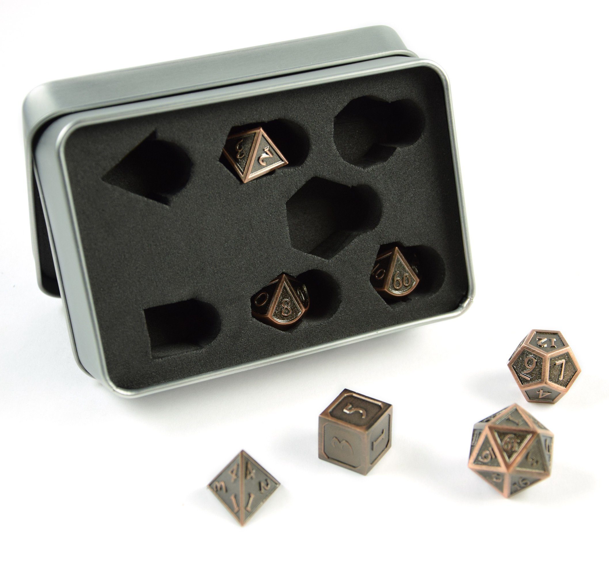 SHIBBY Spielesammlung, 7 polyedrische Metall-DND-Würfel in Steampunk Optik, inkl. Aufbewahrungsbox Bronze