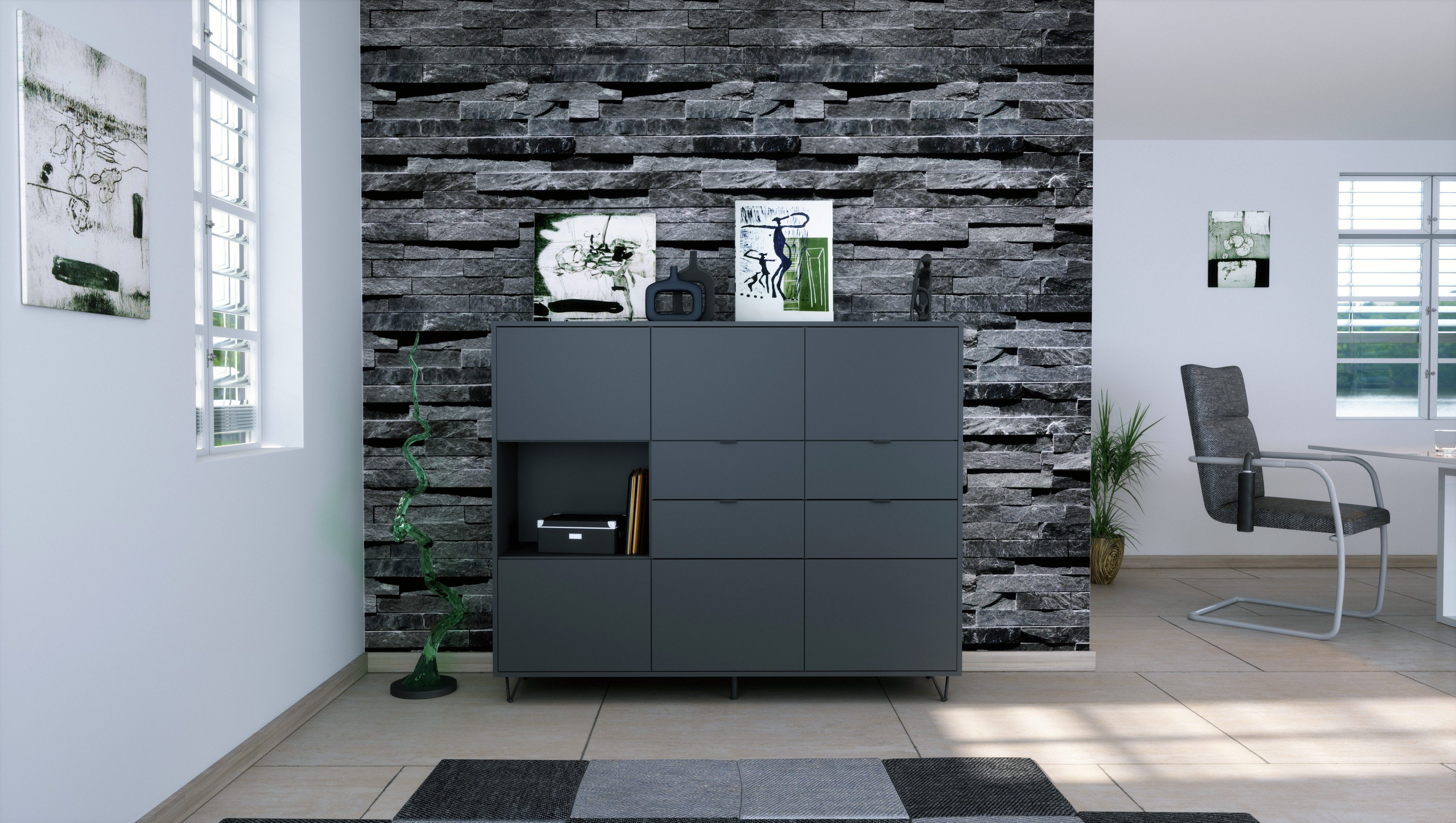 Vladon Highboard Marino V2 (Highboard mit 6 Türen Anthrazit matt, 4 Schubladen Anthrazit matt, Made in Germany), Korpus Anthrazit matt (152,5 x 125,5 x 37 cm)