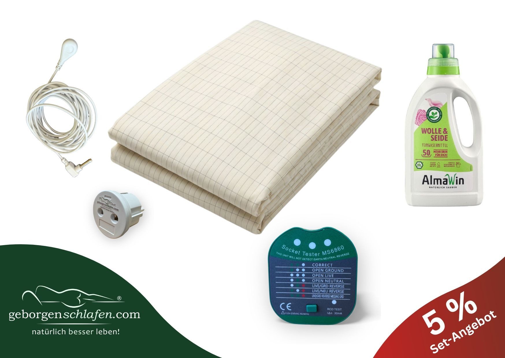 geborgenschlafen Bettlaken Erdungslaken Set 1 Basis – Bio-Baumwolle mit Silberfäden & Zubehör, Bio-Baumwolle mit Silberfäden, (5 Stück), Geerdetes Schlaf-Set – Erdungsbettlaken, Kabel, Stecker & Pflege