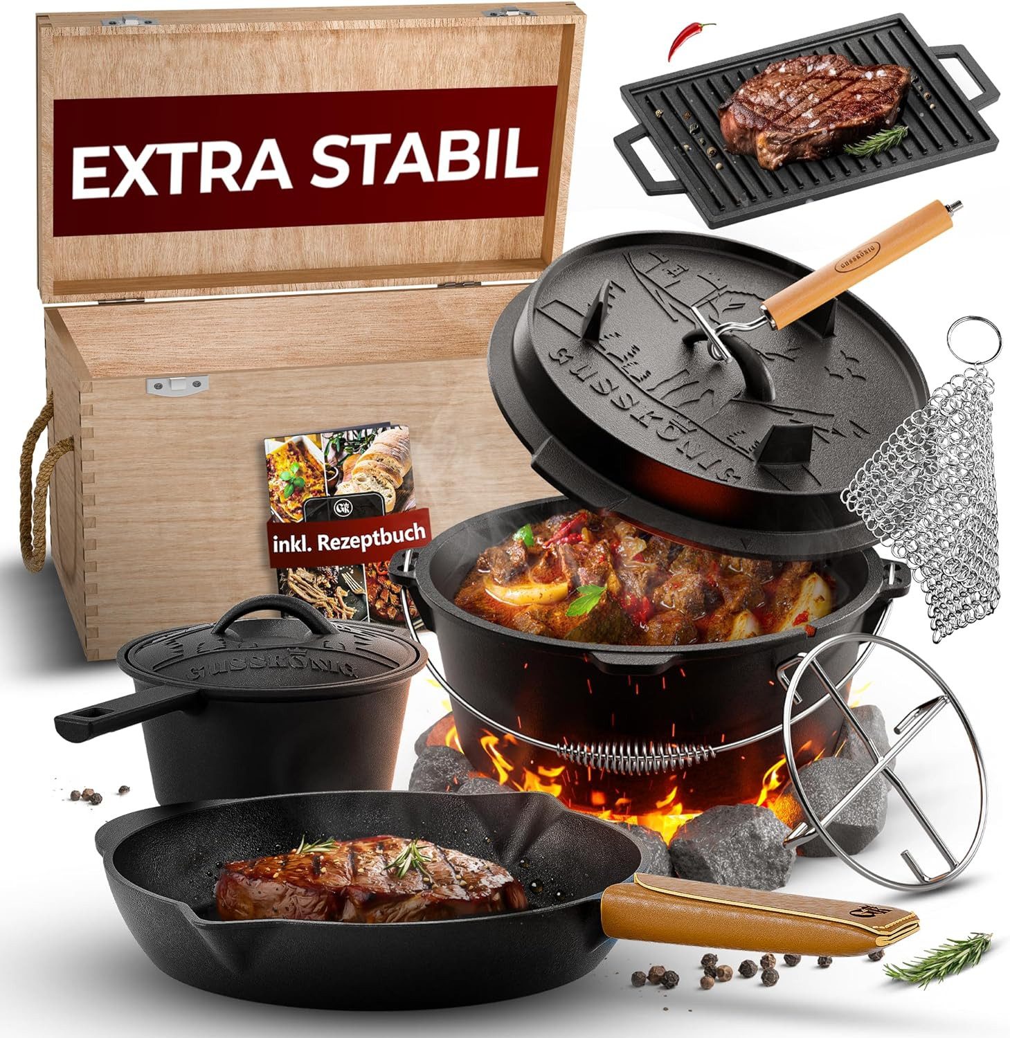 GUSSKÖNIG Grilltopf GUSSKÖNIG Dutch Oven Set 10 teilig Topf Set inkl. Rezeptbuch