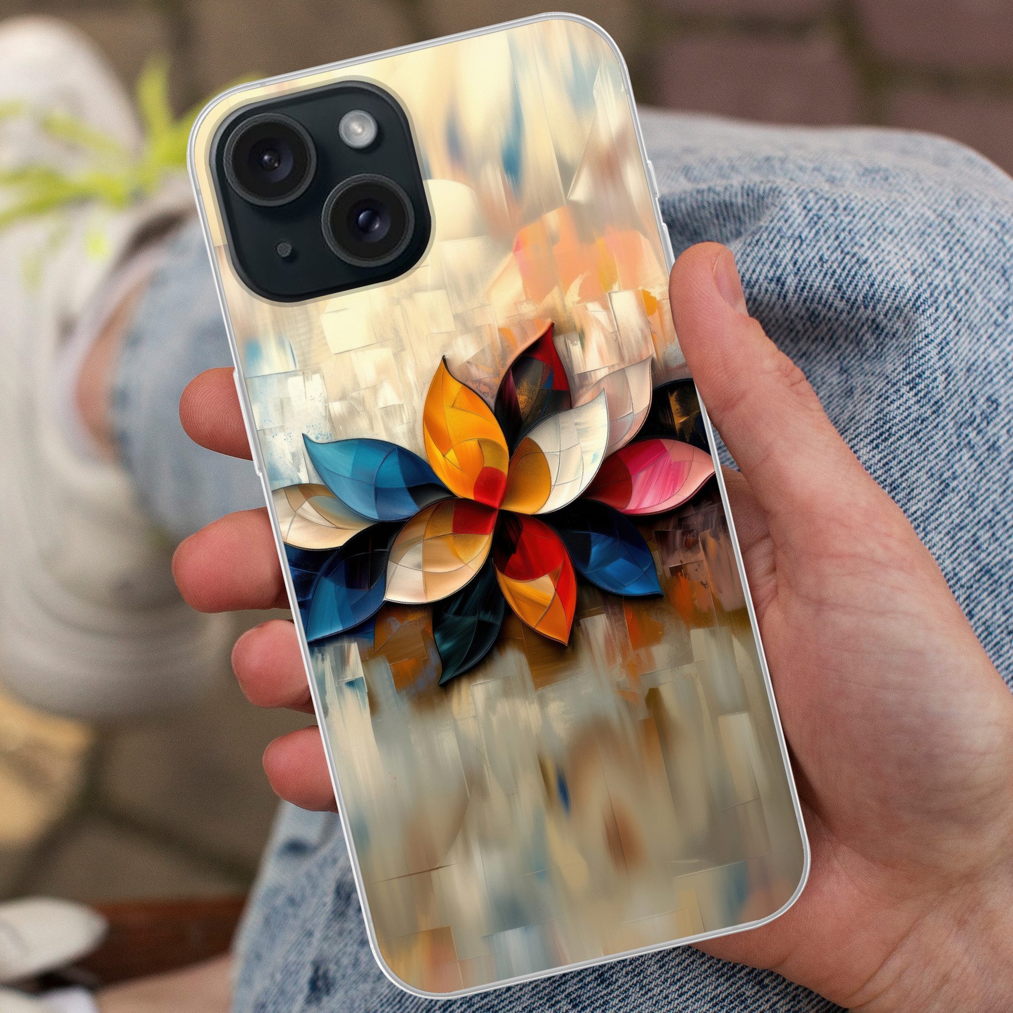 MuchoWow Handyhülle für Apple iPhone 15 Blume - Abstrakt - Bunt - Blätter, Smartphone-Bumper, Print, Handy Schutzhülle Dünn