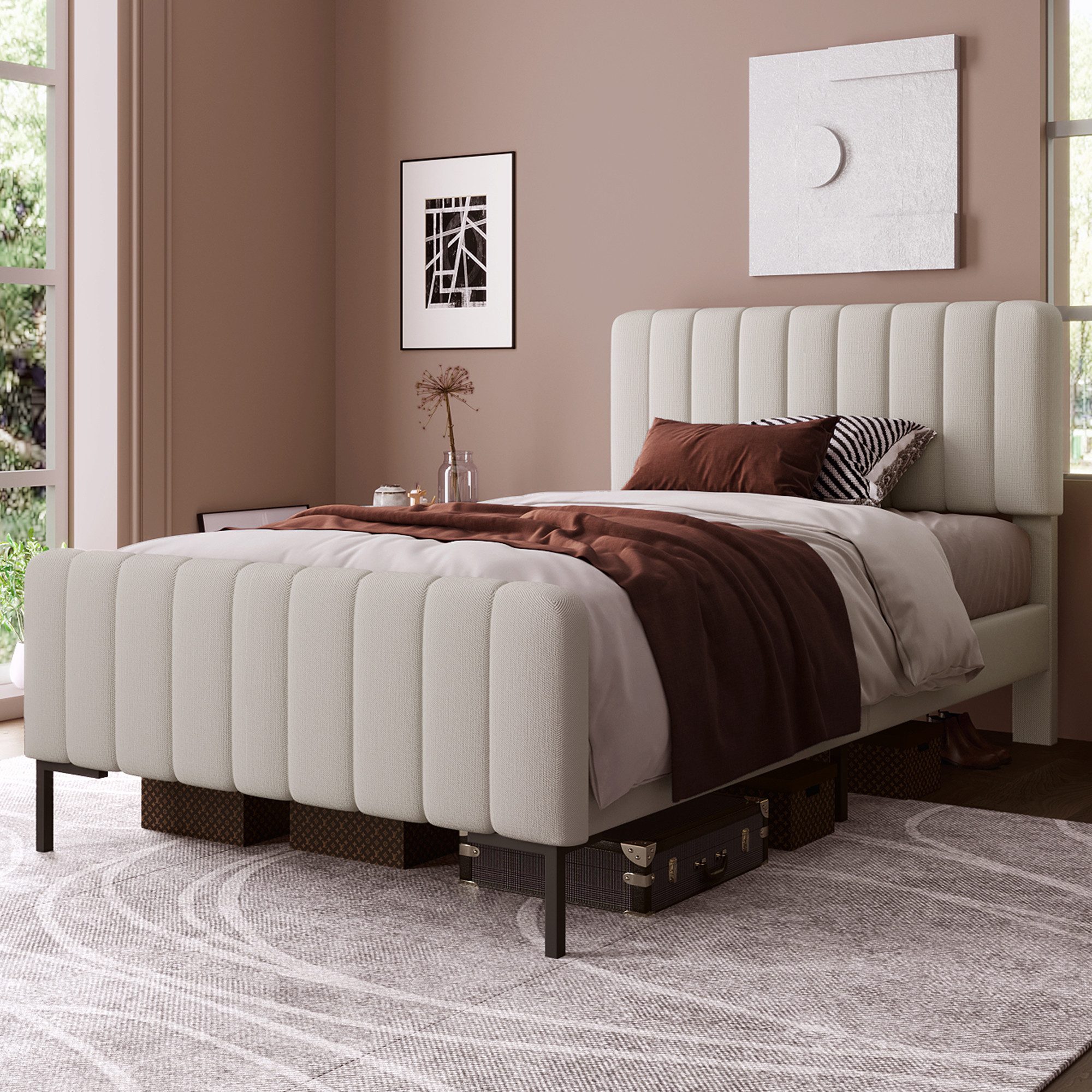 HAUSS SPOLE Polsterbett Einzelbett Holzbett Polsterbett Bettrahmen (90x200cm), Jugendbett für Schlafzimmer Gästezimmer-Leinenmaterial