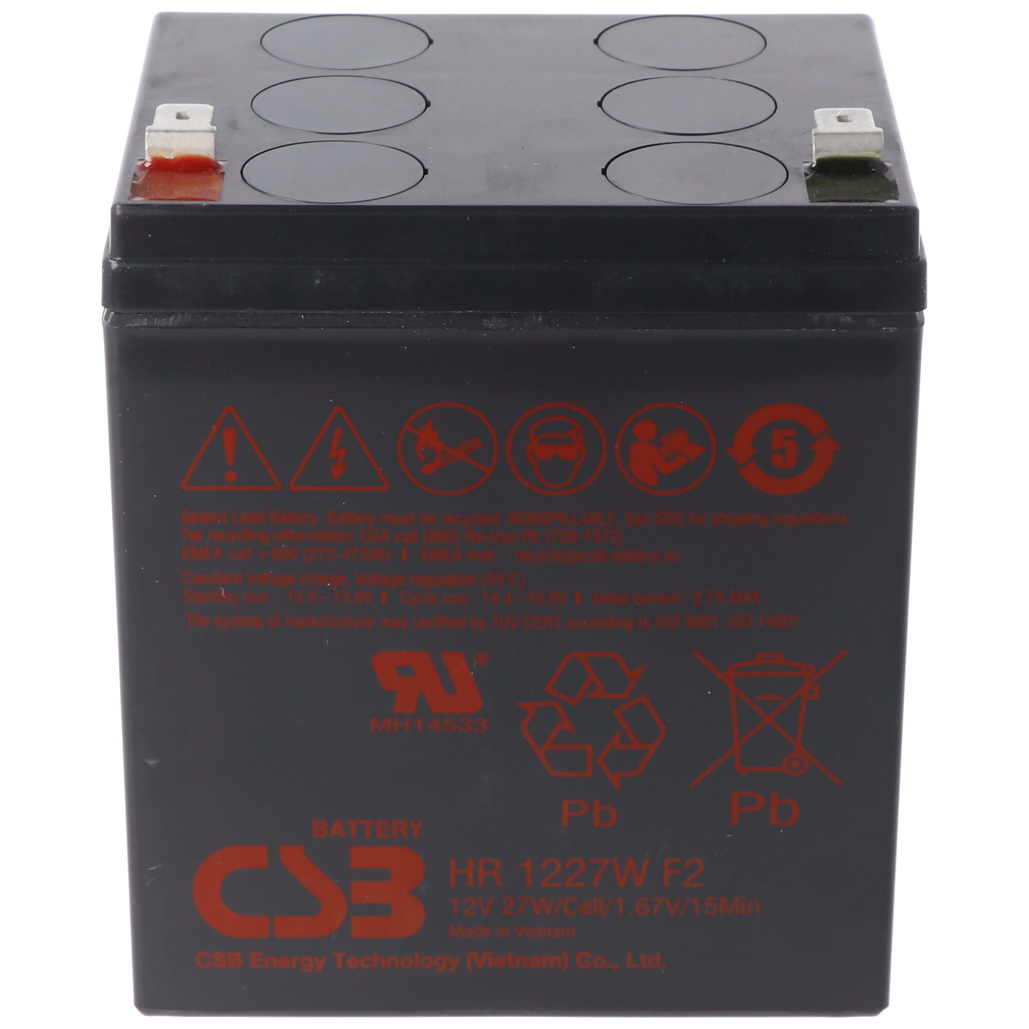 CSB CSB-HR1227WF2 12 Volt AGM Bleiakku 2,25Ah 27Wh 90x70x106mm Faston 6,3 Akku 2250 mAh (12,0 V)