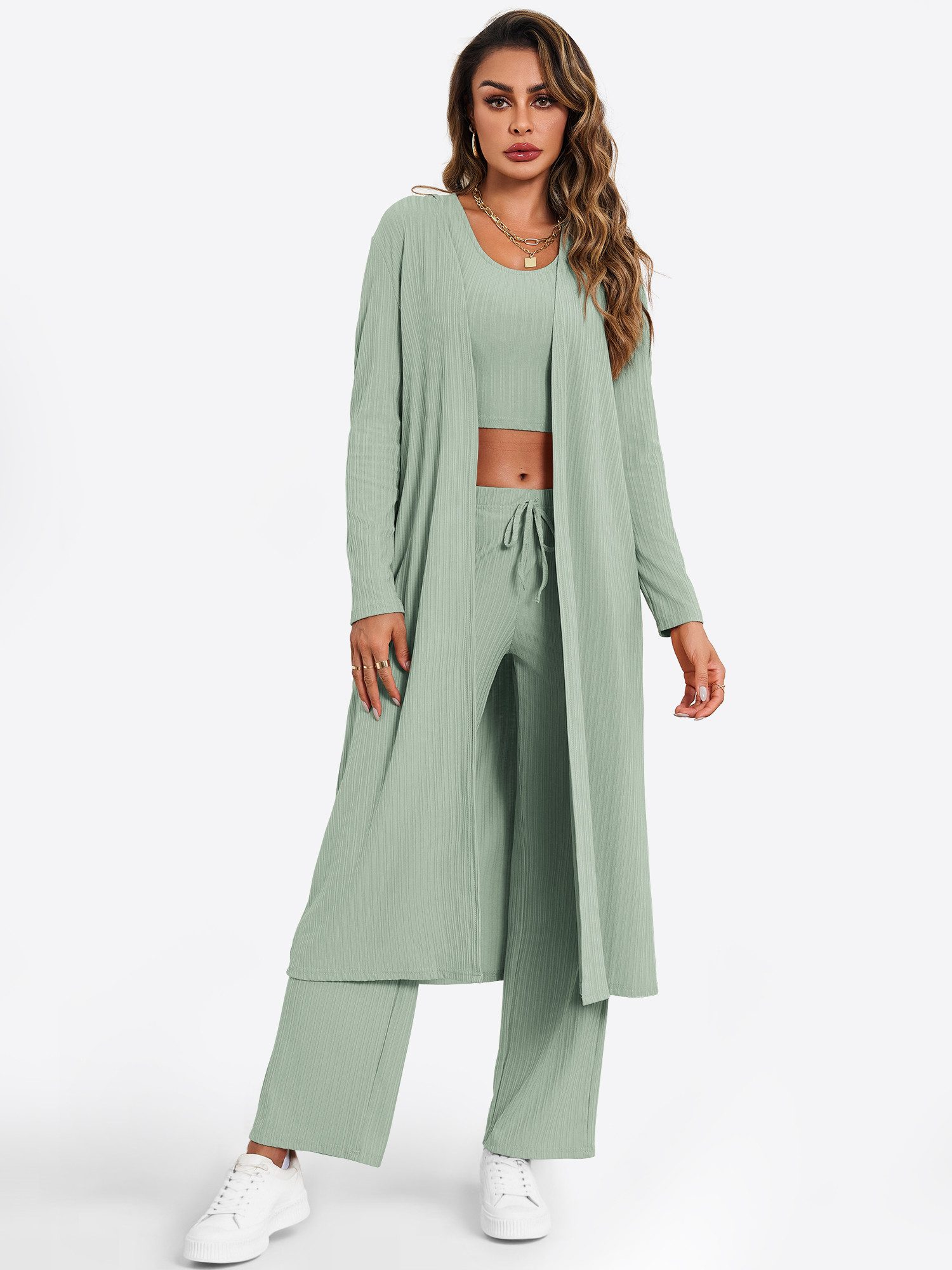 Imily Bela Hausanzug Damen 3-teilige Lounge-Sets Pyjamas (set, 3 tlg., Weste mit Rundhalsausschnitt + Hose + langärmelige Strickjacke) Volltonfarbe