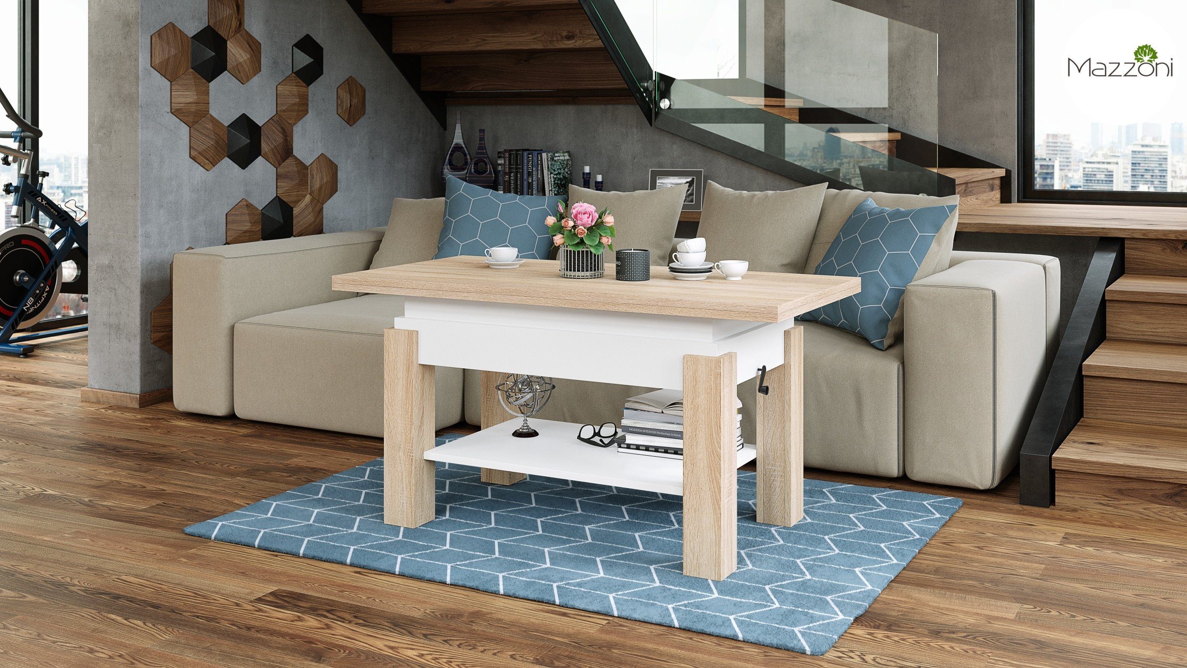 Brawo designimpex Couchtisch / höhenverstelbar Arbeitstisch aufklappbar Couchtisch Eiche Tisch Weiß Design Sonoma matt