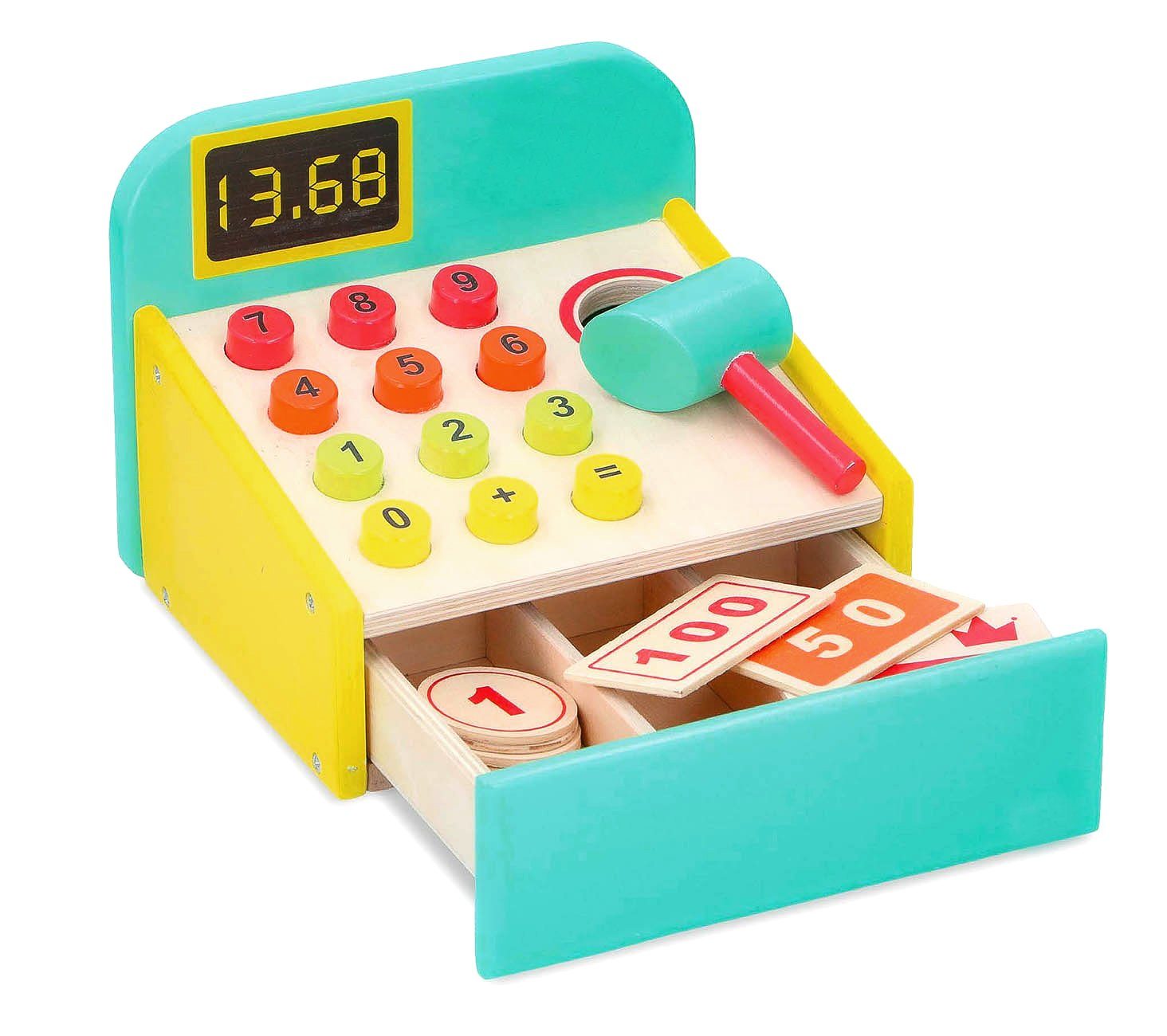 Bubble-Store Spielkasse mit Schublade, Spielzeugkasse mit Scanner Holz Spielgeld