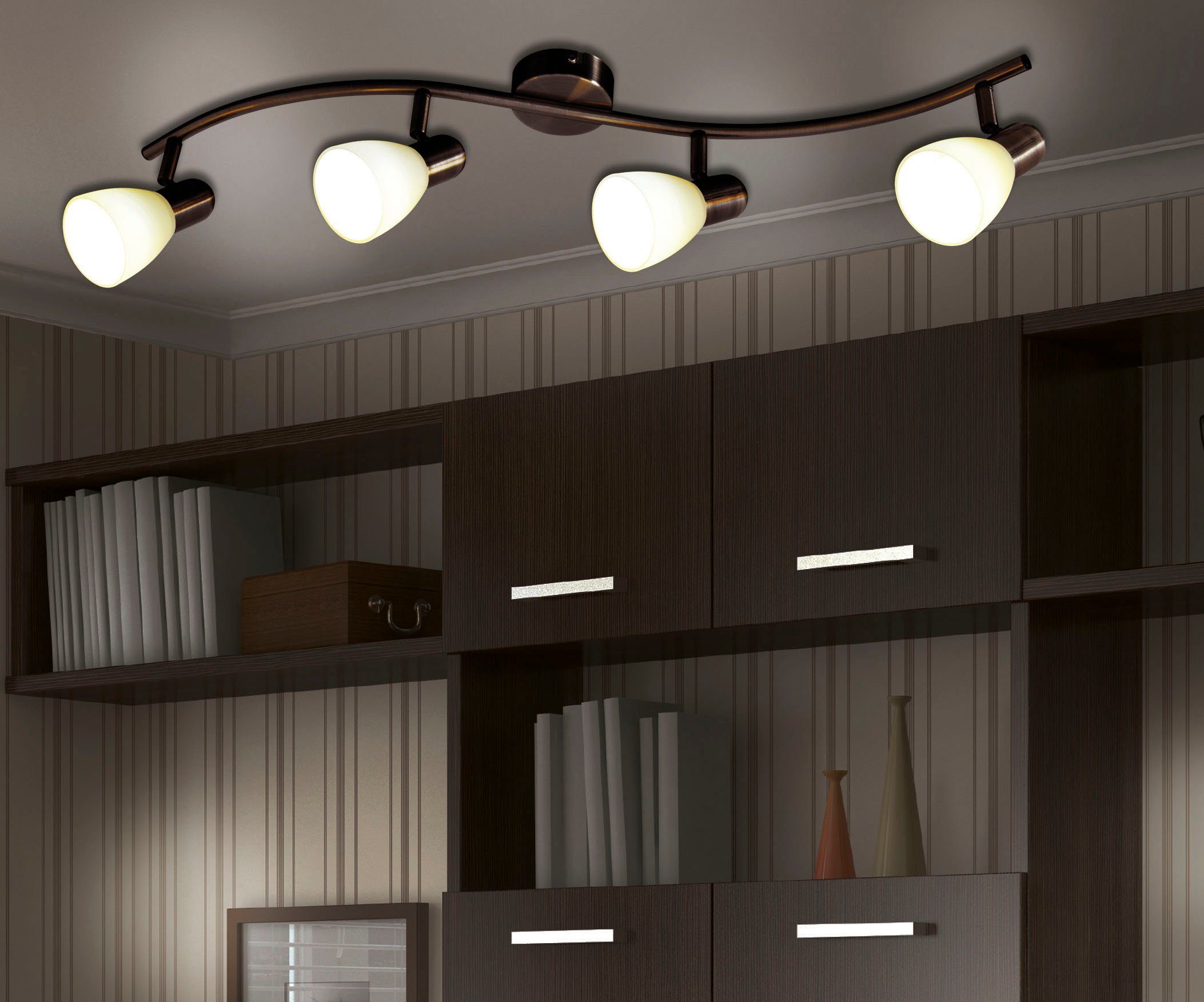 näve LED Deckenspot Mestre, LED wechselbar, Warmweiß, 4er LED Wand-u. Deckenspot, E14, braun, Glasschirm weiß