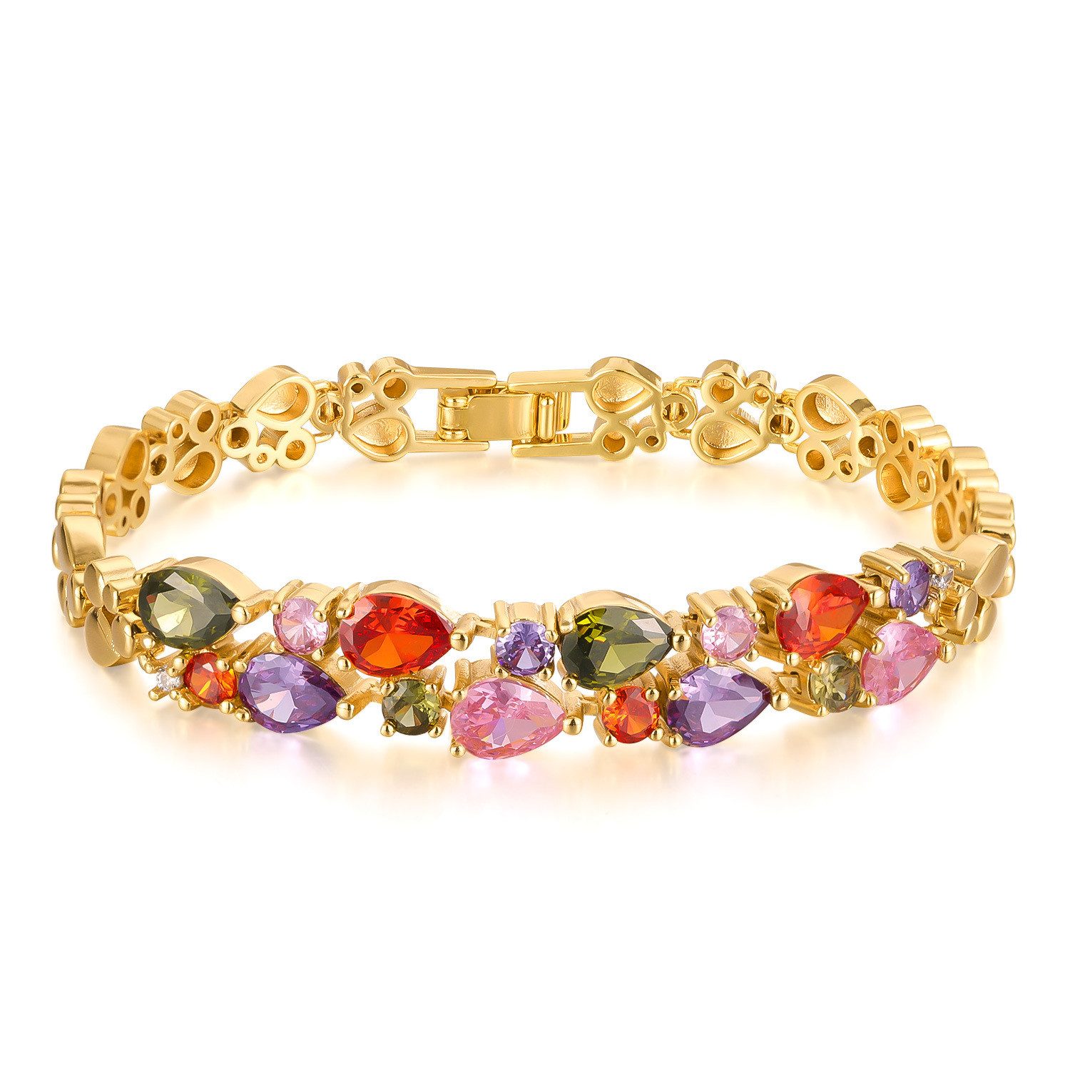 RAIKOU Collier Damen Zirkonia Schmuckset, Halskette /Armband, gold/silberfarben, Farbige Zirkonia-Steine