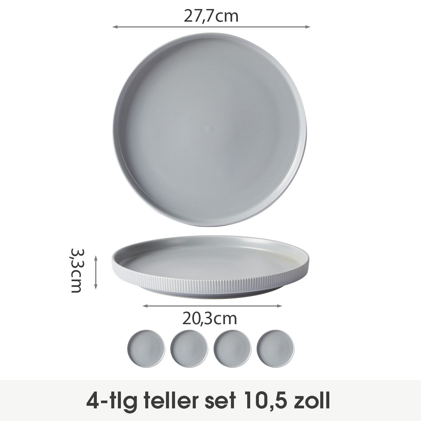JIWOO Teller 4er Ø27,7cm, Speiseteller Steakteller Dessertteller Brotteller Plate, (4 St), Keramik Hochwertiges Tellerset Grau Mikrowellen spülmaschinenfest
