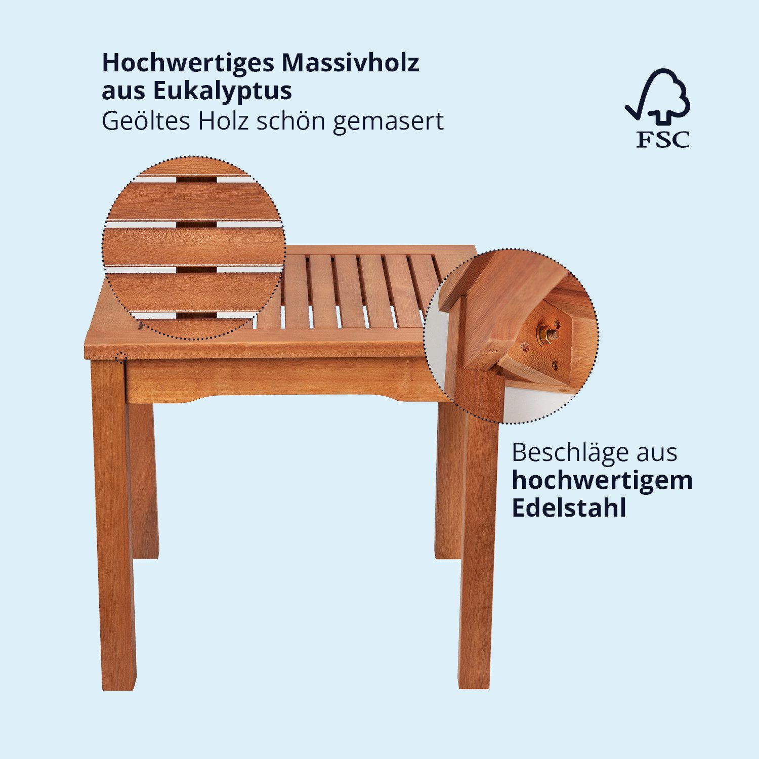 KHG Beistelltisch Balkontisch 50x50 cm, bis 75 kg belastbar (Outdoor-Tisch), aus Eukalyptus-Holz, zum Schutz geölt, FSC-Zertifiziert – Bild 4 von 5