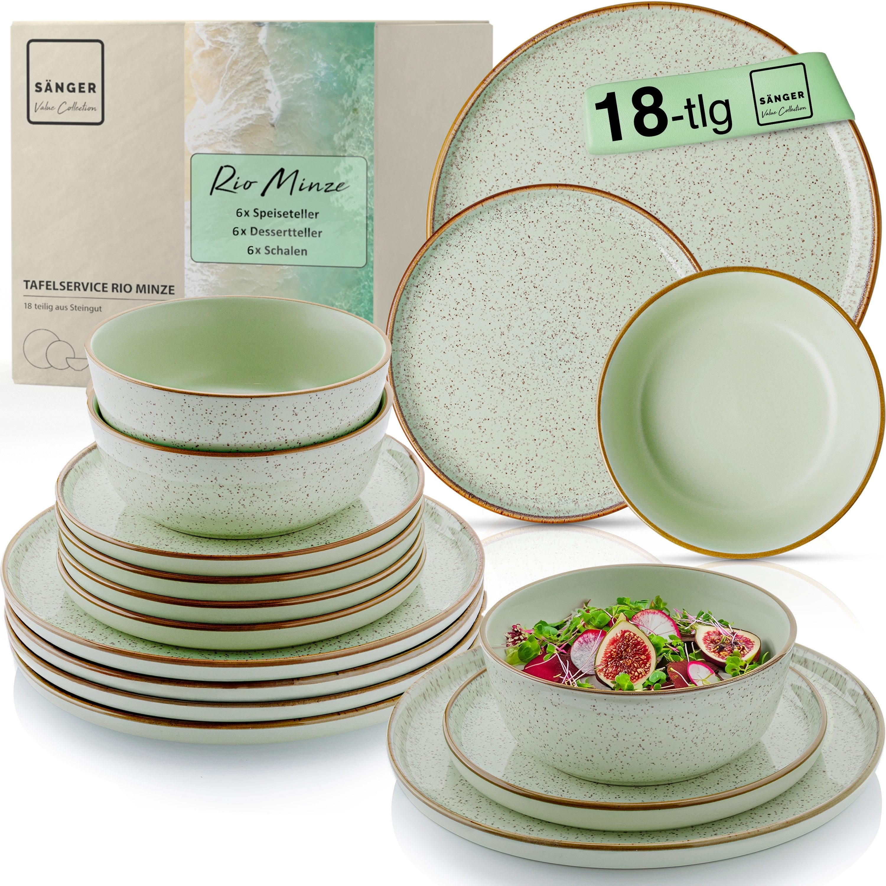 SÄNGER Tafelservice Rio Geschirrset (18-tlg), 6 Personen, Steingut, Handmade, Mintgrün, Erweiterbar, VALUE COLLECTION
