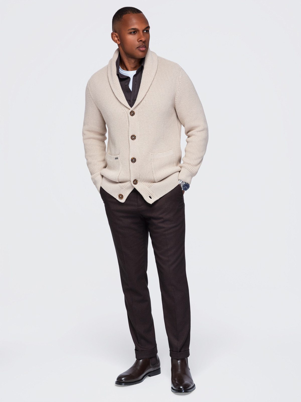 OMBRE Cardigan Herren Strickjacke mit schickem Schal-Kragen Light beige S (kein Set, 1-tlg) in Unifarbe