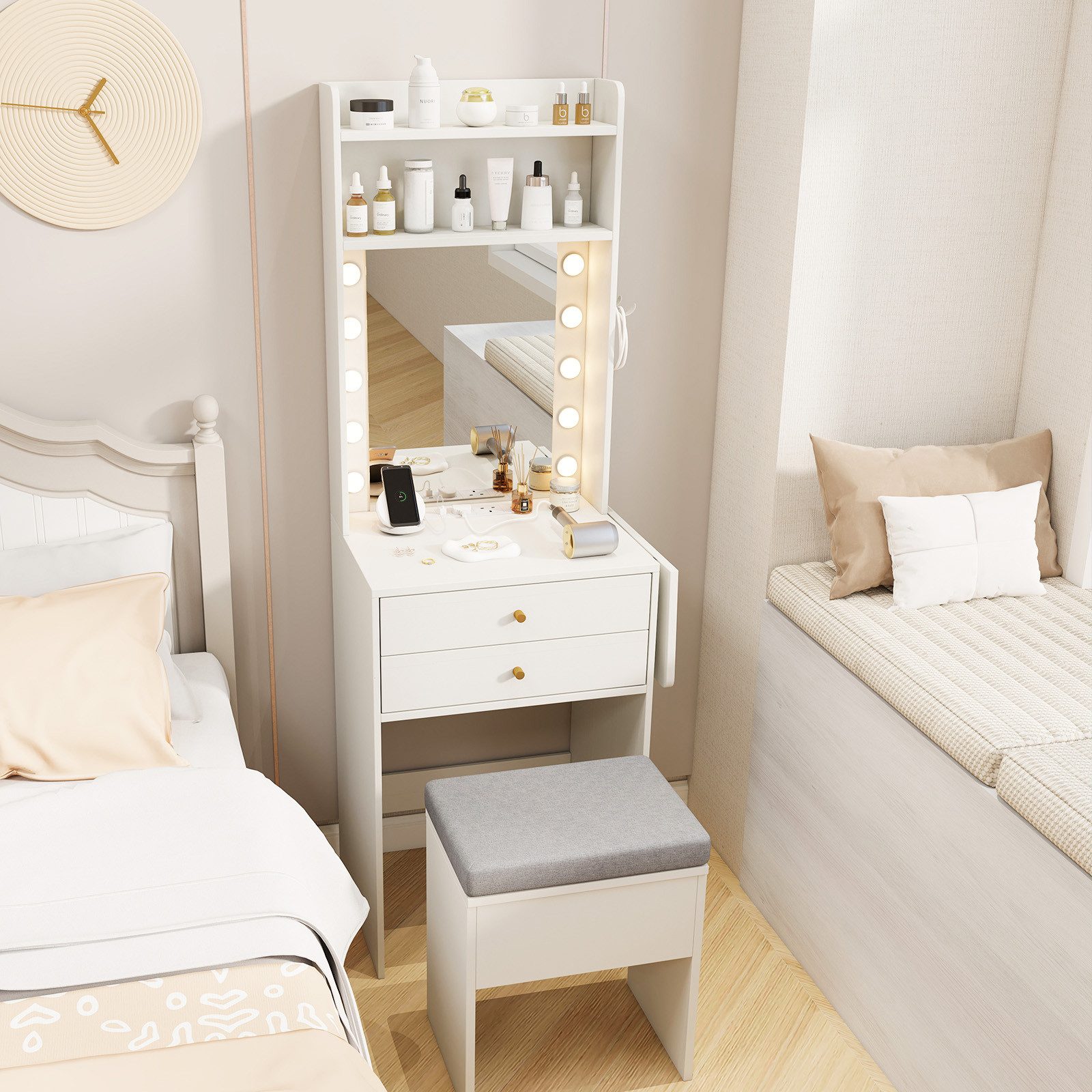 COSTWAY Schminktisch (1-St), mit Beleuchtung, Ladestation, klappbarer Tisch günstig online kaufen