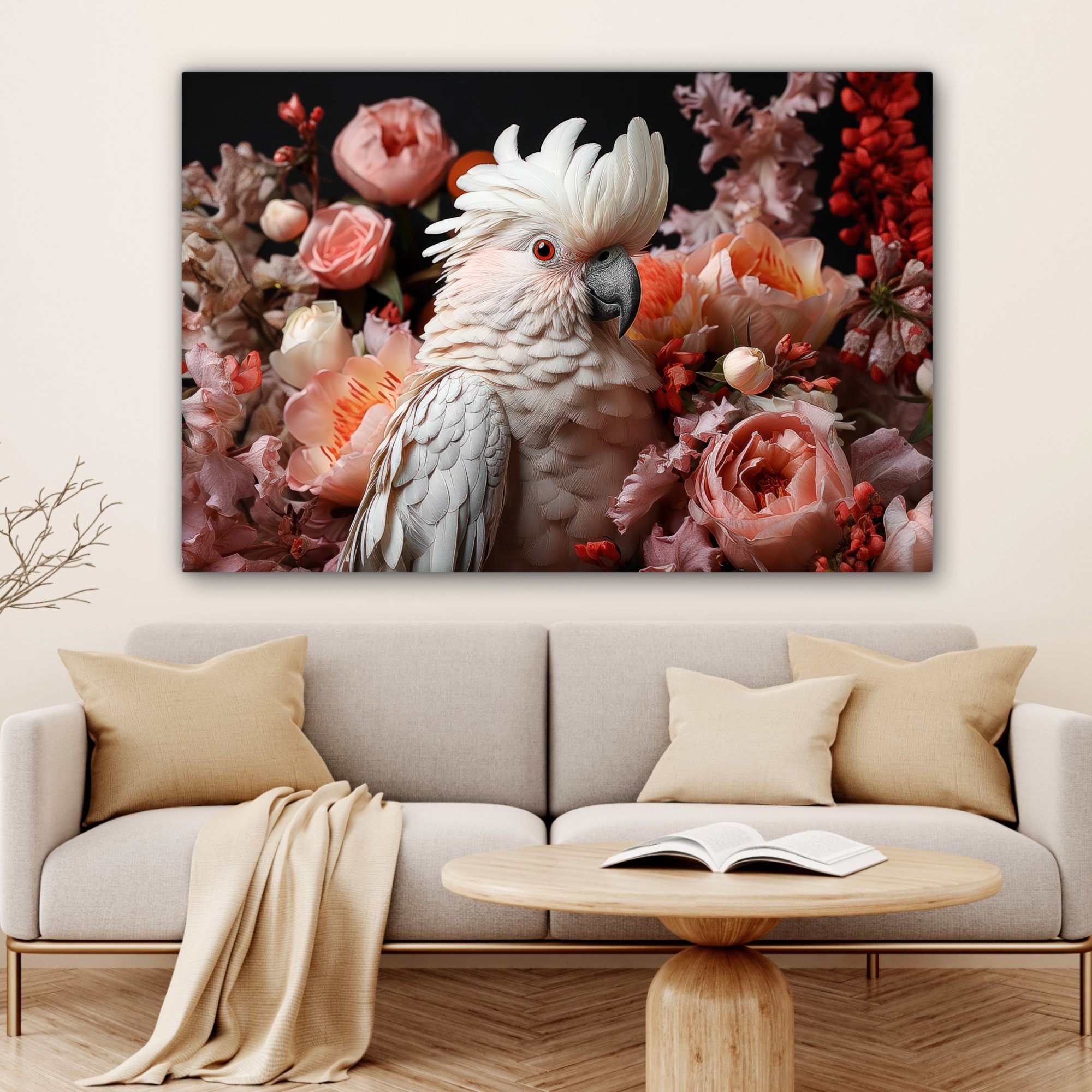 - cm (1 St), Rosa, alle für - Gemälde, Tier - 120x80 Natur großes, Blumen - Leinwandbild Kakadu OneMillionCanvasses® Botanisch Wohnbereiche, - Wandbild XXL,