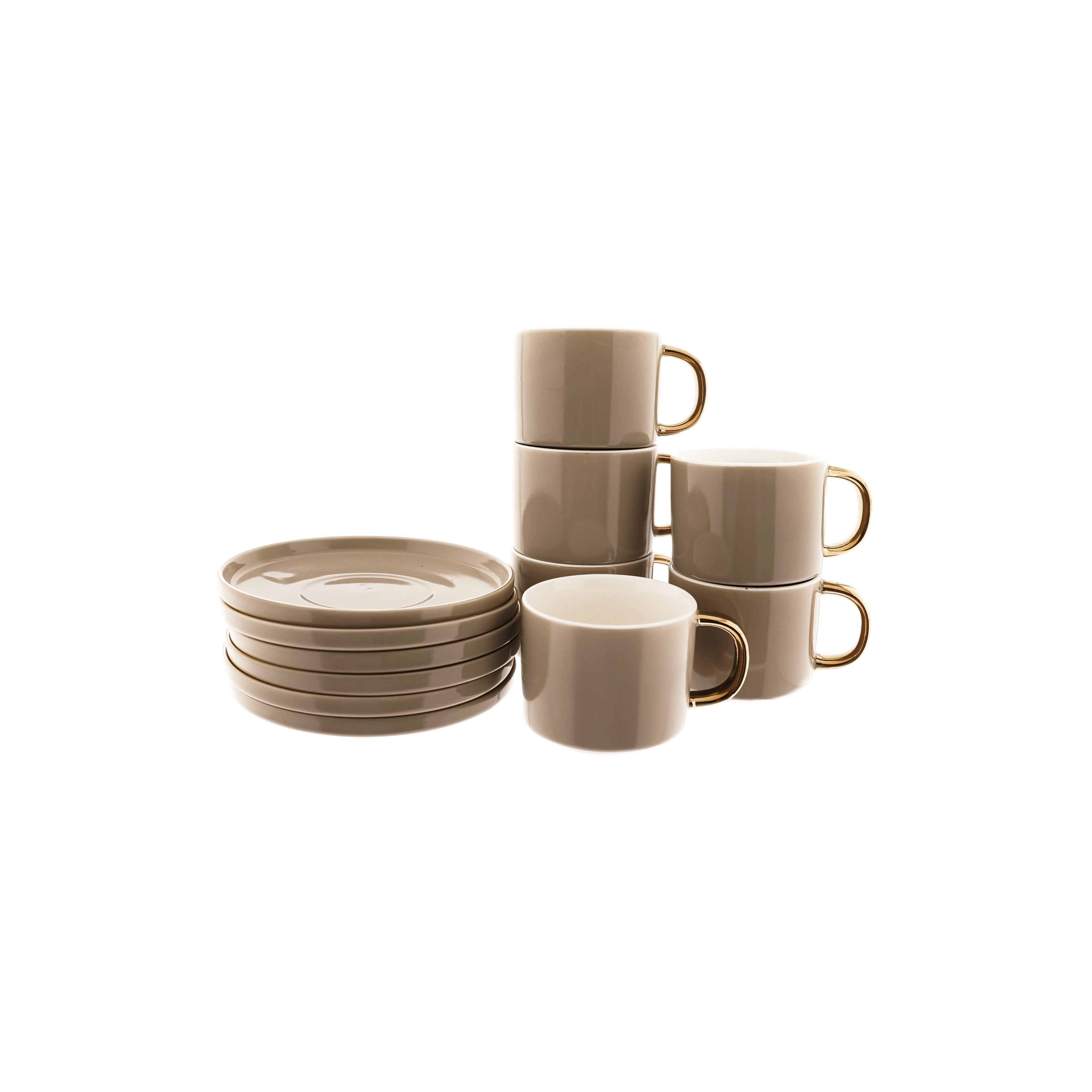Mulex Kaffeeservice Porzellan-Kaffeetassen 200ml mit goldenem Henkel und Unterteller (12-tlg), 6 Personen