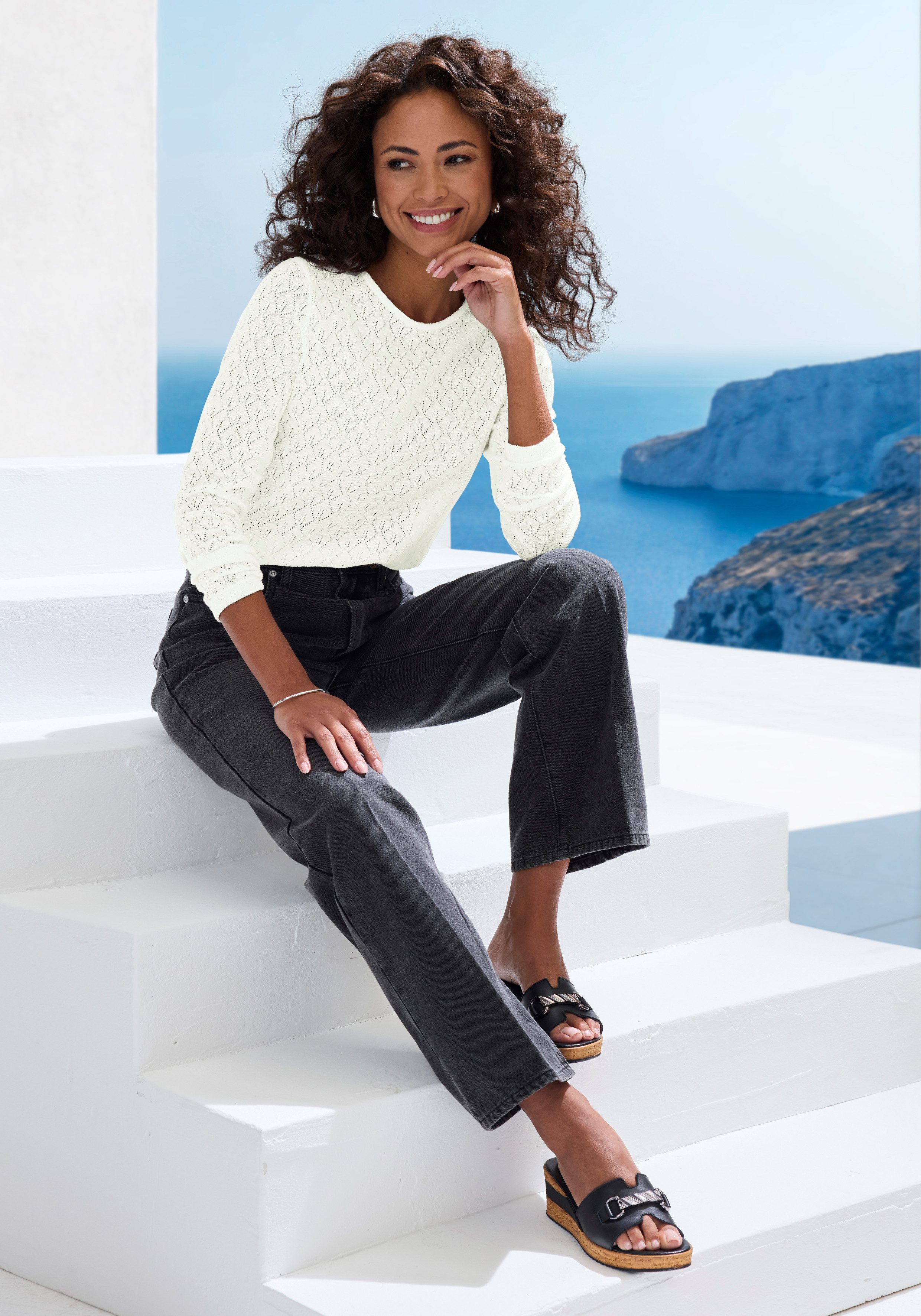 Vivance Langarmshirt mit modischem Ajour-Muster Sommershirt aus leichtem Baumwollstrick