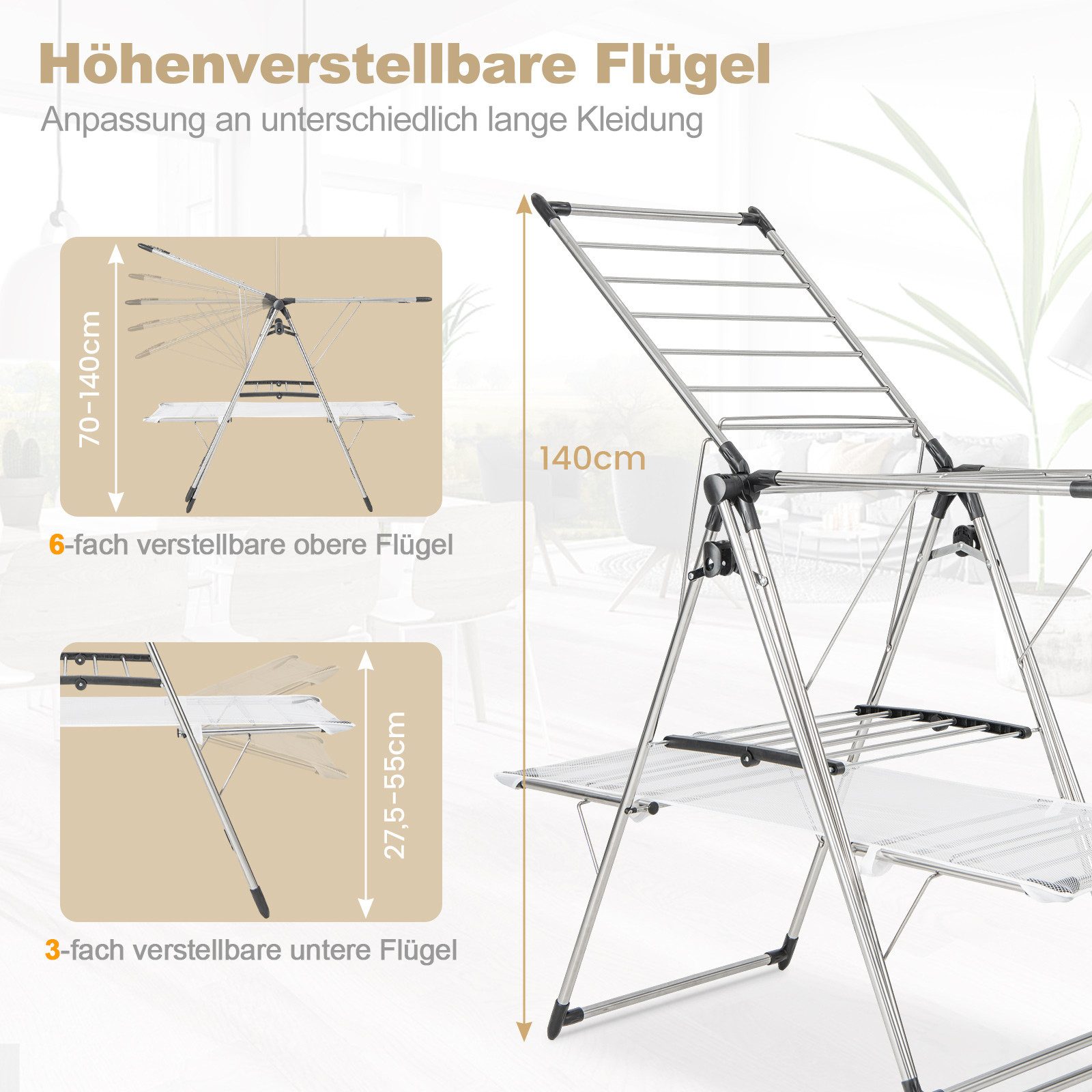 COSTWAY Flügelwäschetrockner, Wäscheständer klappbar, 2-stufig, höhenverstellbar mit Flügeln