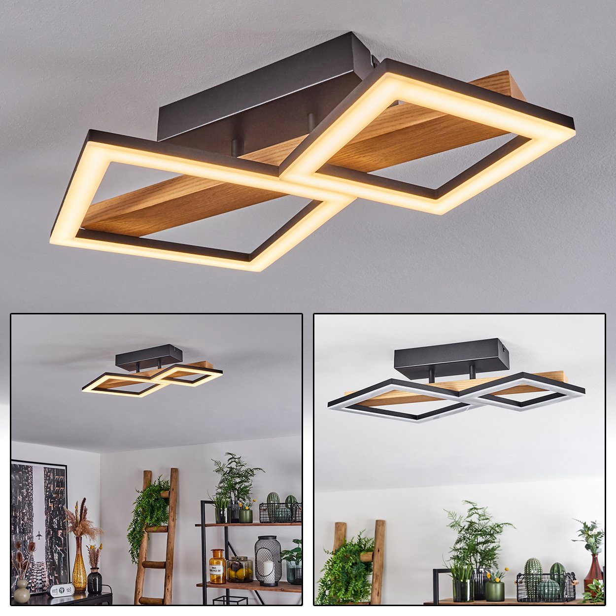 hofstein Deckenleuchte »Stoccareddo« Deckenlampe, Schwarz/Natur/Weiß, mit aus 1150 Metall/Holz/Kunststoff, 1xLED Watt Kelvin, Balken Lumen, Echtholz, 19 3000 Leuchte