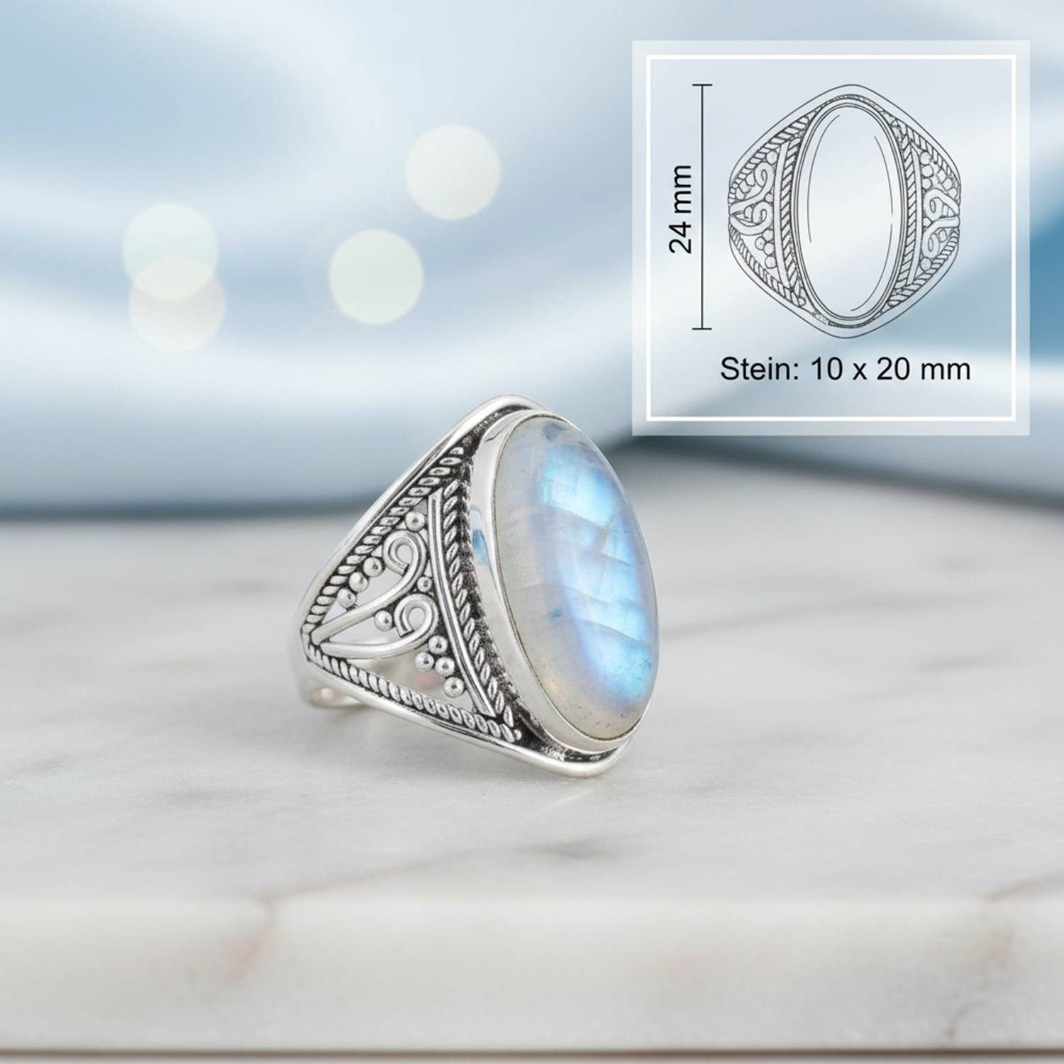mantraroma Silberring DAHAB oval groß aus 925 Silber mit Regenbogen Mondstein (Ring mit Schmuckbeutel), Damenring aus 925er Silber – Bild 3 von 5