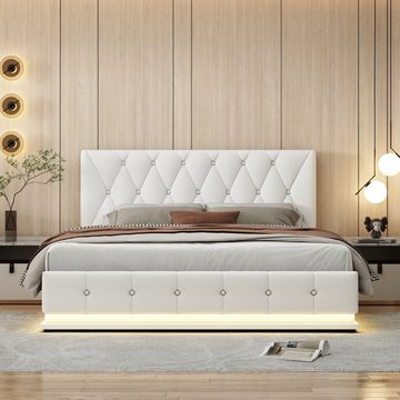 OKWISH Polsterbett Hydraulisch anhebbarer Bettstauraum,Bettkasten (Lattenrost Bezug aus Kunstleder 140X200 cm Ohne-Matratze), Aufbewahrungsbett, Modernes Bett mit LED
