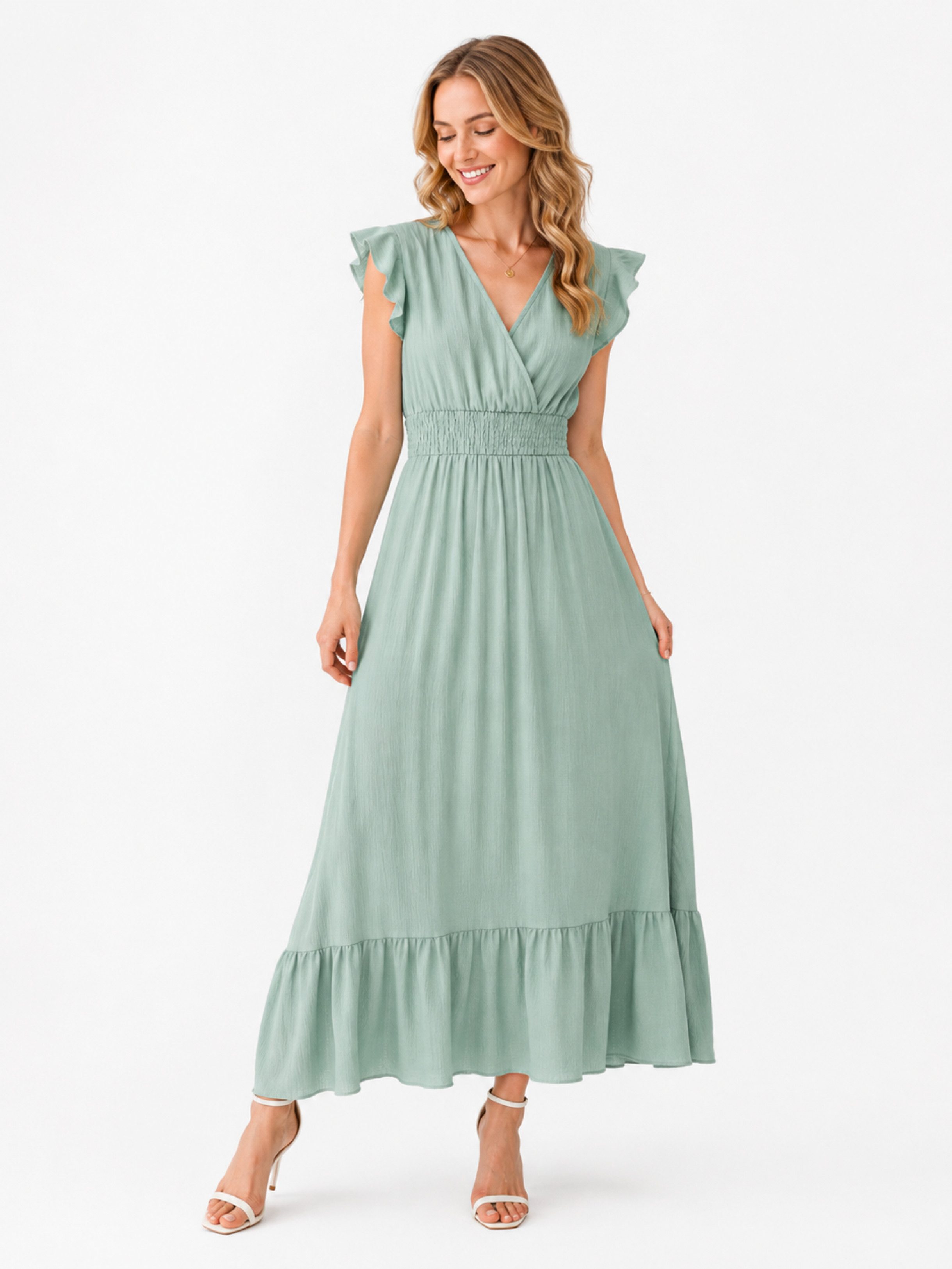 ANNIS WIESBADEN EST. 2021 Maxikleid Kleid "Livia" mit Smokbund und V-Ausschnitt, Farbe salbeigrün Smokbund, Flügelärmel, Stretch