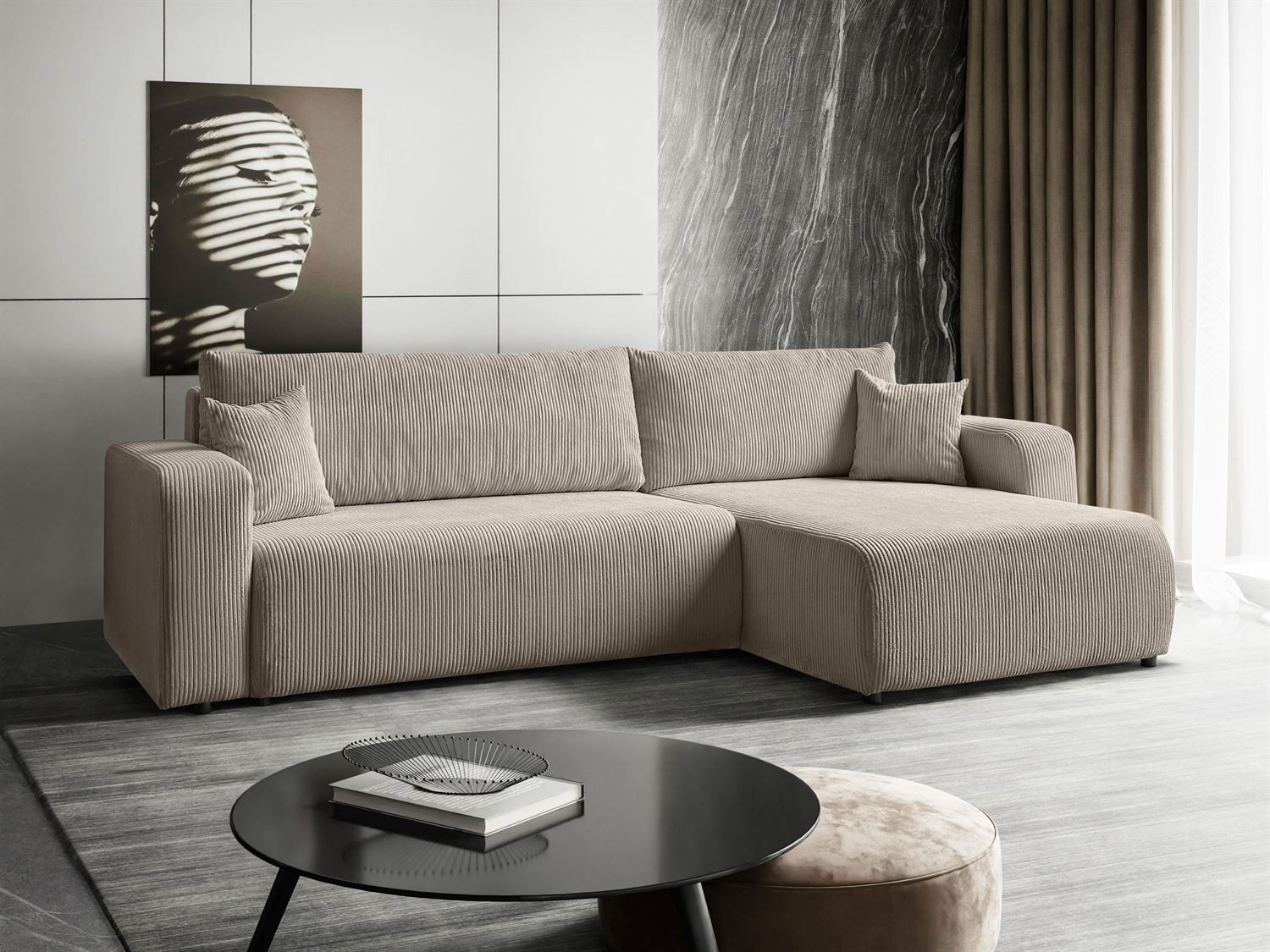 Lookway Ecksofa PRESTIGE L-Form Couch, Cord-Stoff, mit Bettfunktion und Bettkasten, Seite universal